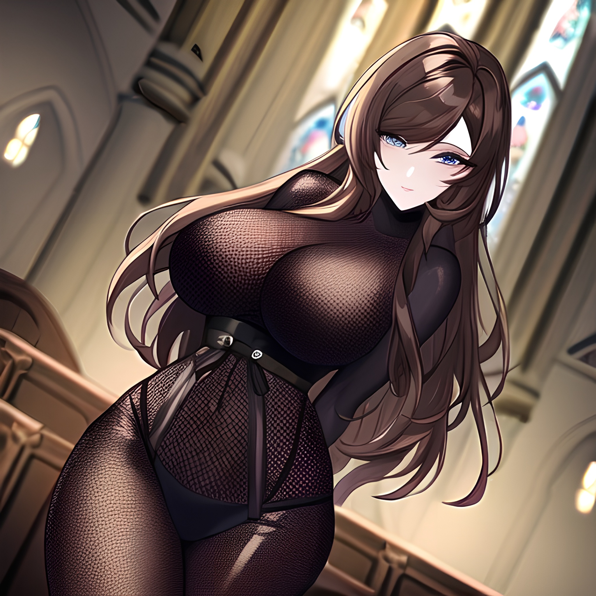 fishnet long hair brunette church messy hair woman 