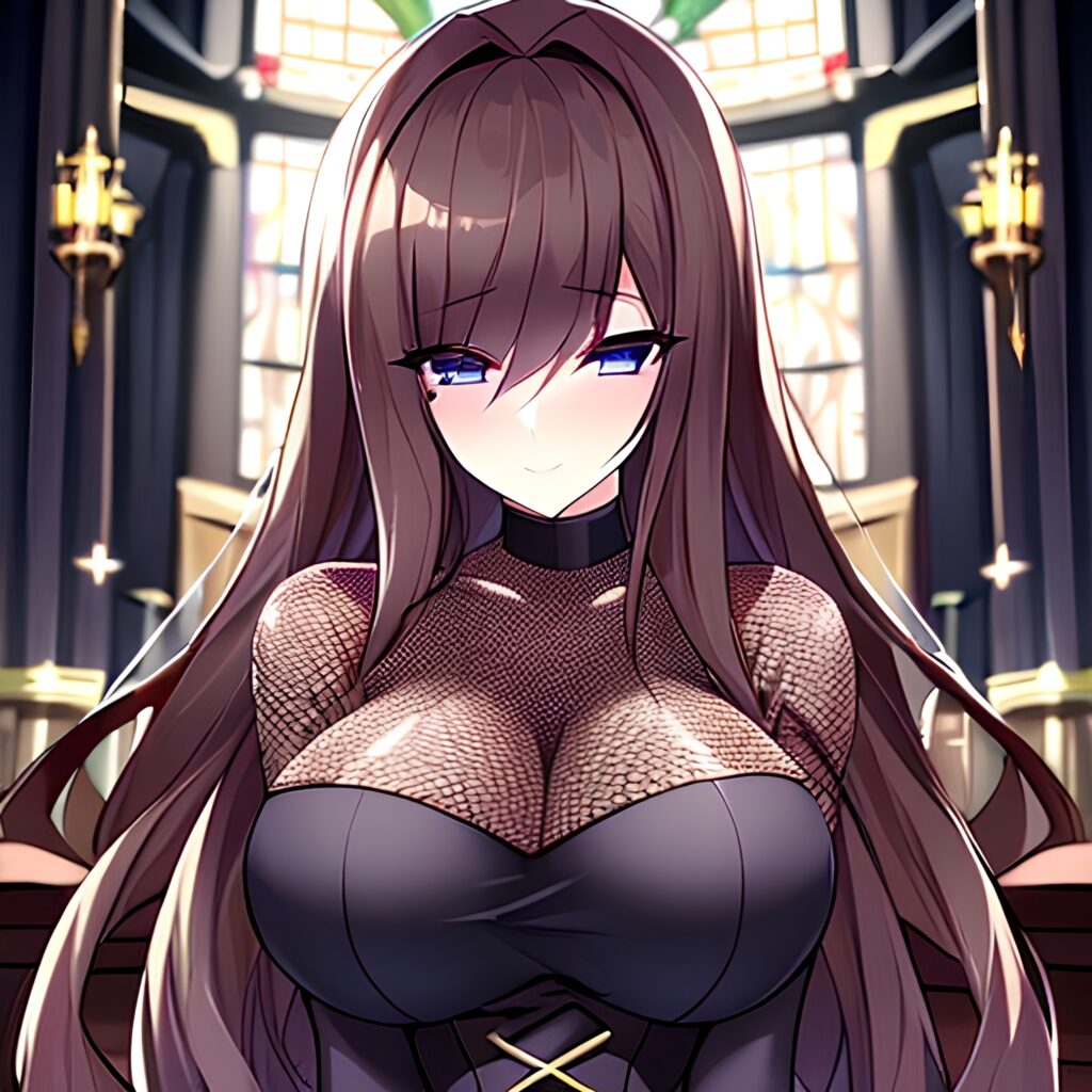 fishnet long hair brunette church woman messy hair 