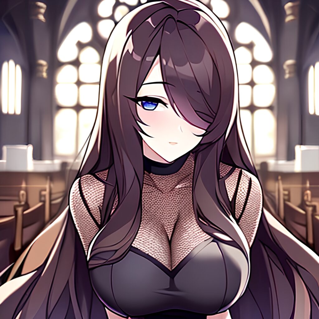 fishnet long hair brunette messy hair church woman 