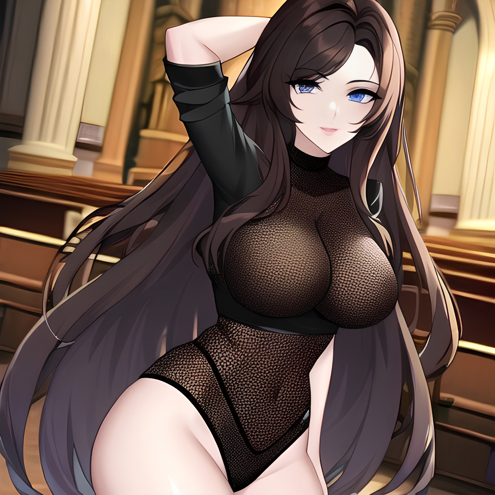 fishnet long hair brunette messy hair church woman 