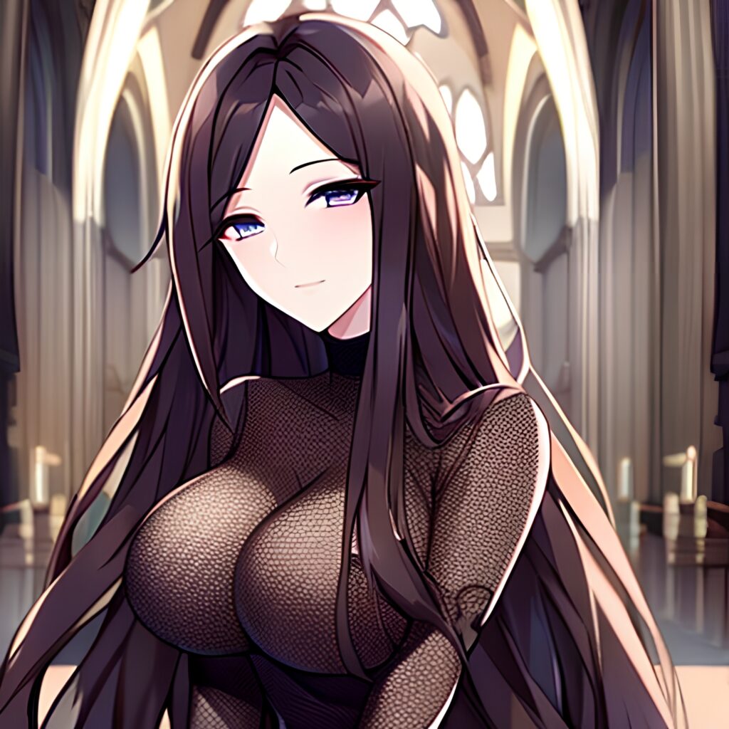 fishnet long hair brunette messy hair church woman 