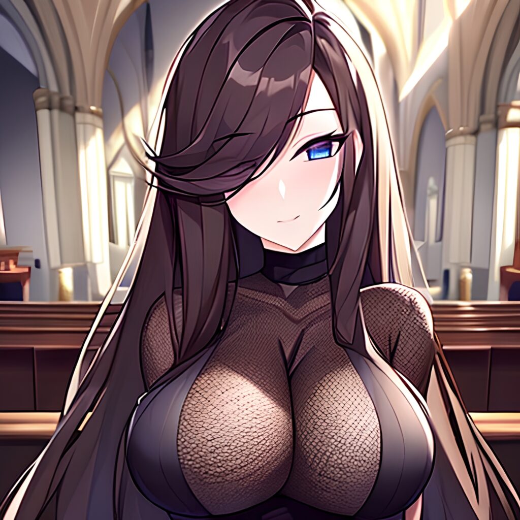 fishnet long hair brunette messy hair church woman 