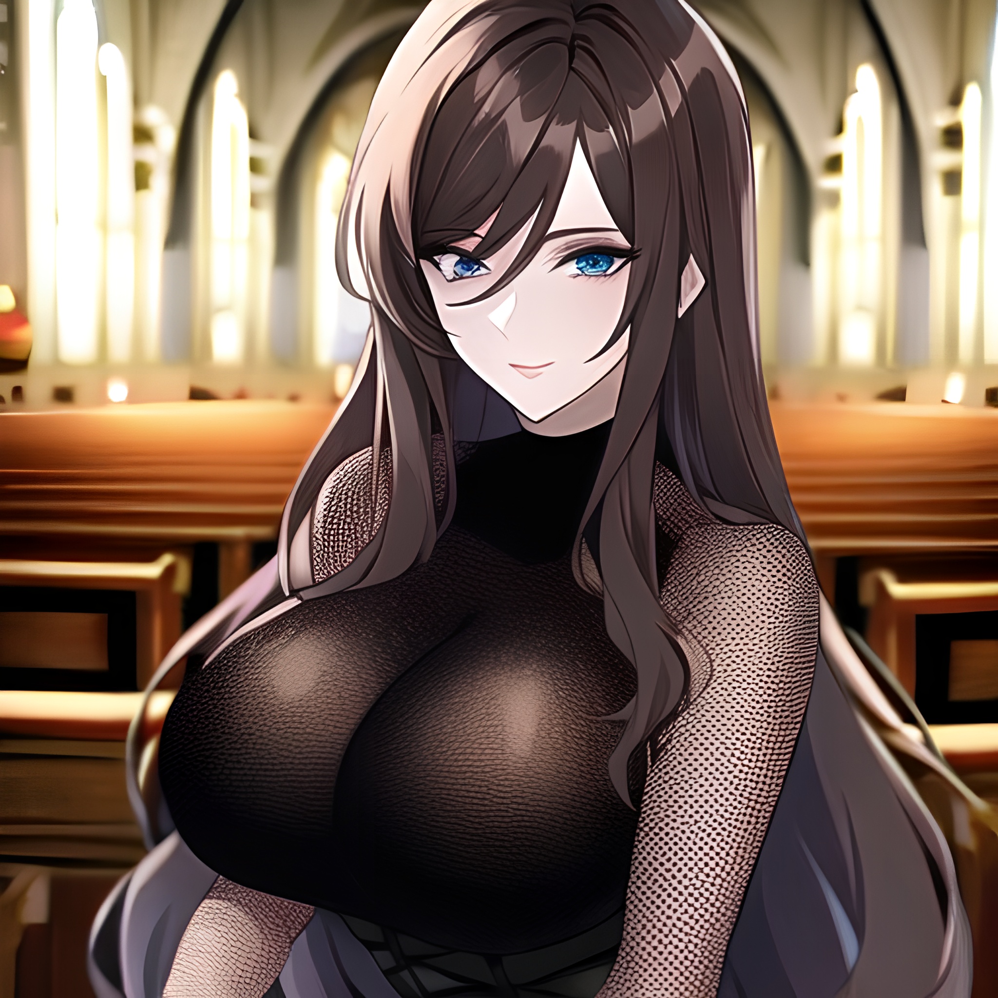 fishnet long hair brunette messy hair church woman 