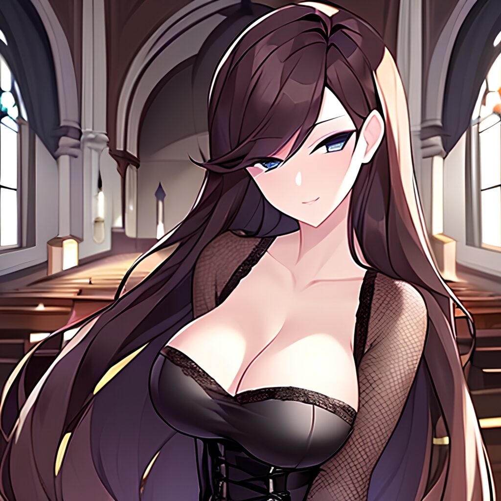 fishnet long hair brunette messy hair church woman 