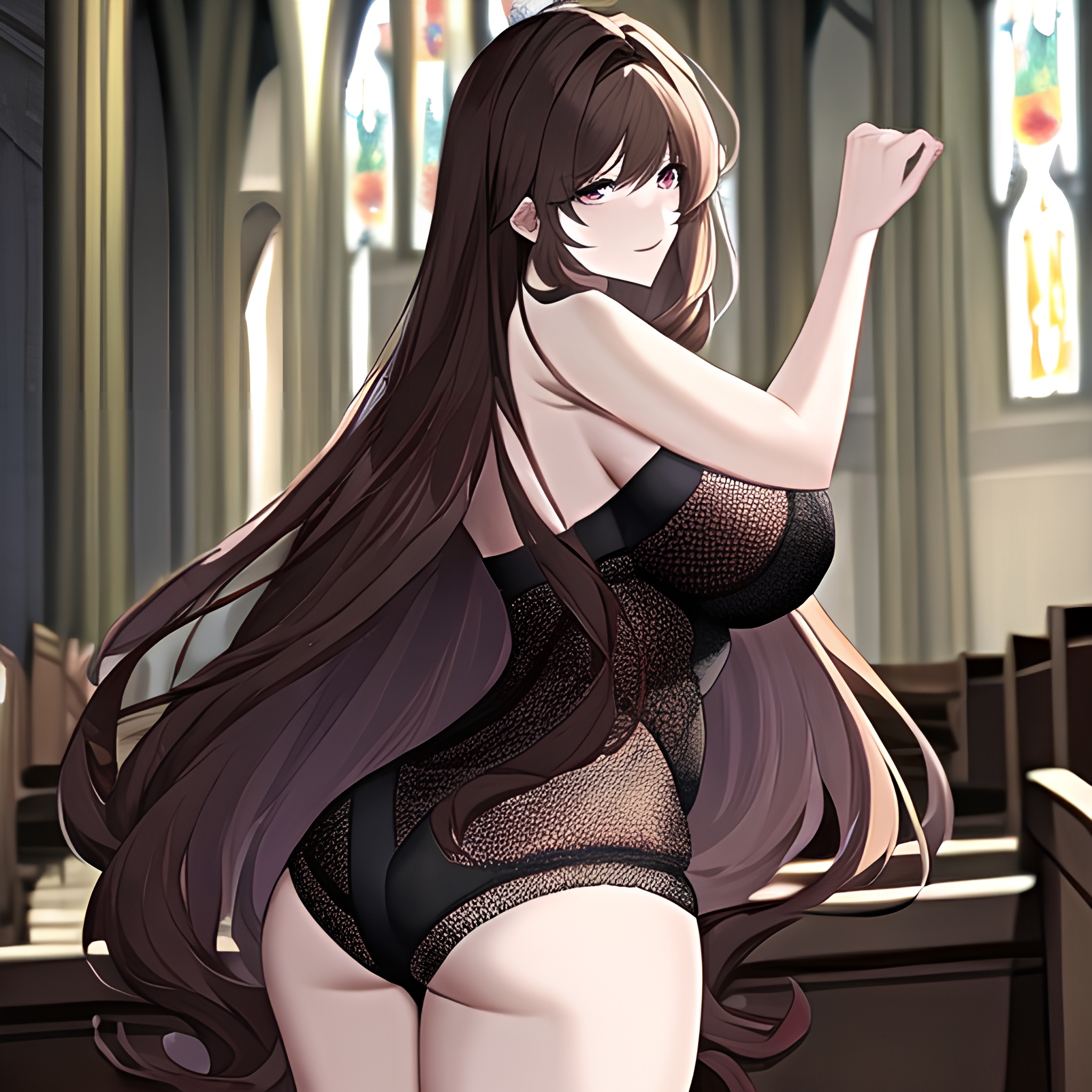 fishnet long hair brunette messy hair church woman 