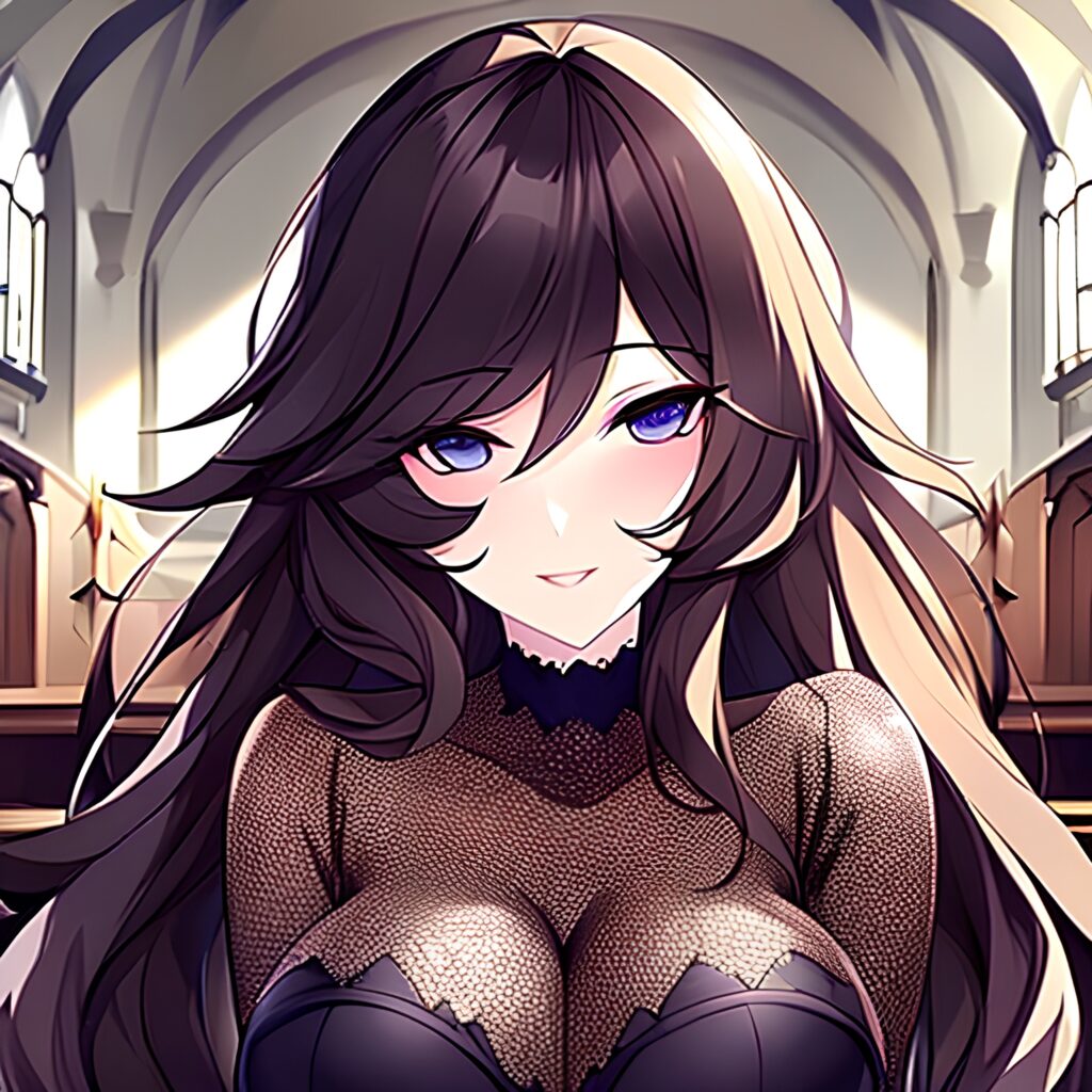 fishnet long hair brunette messy hair church woman 