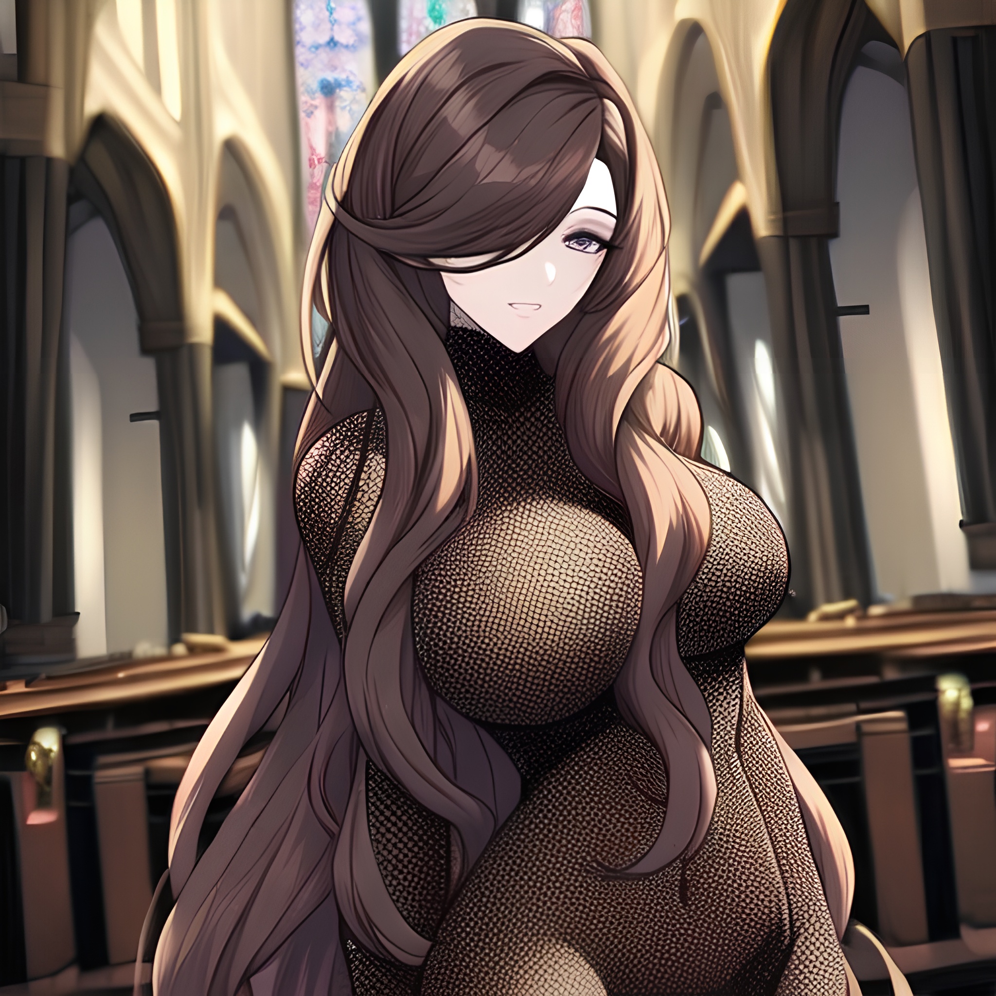 fishnet long hair brunette messy hair church woman
