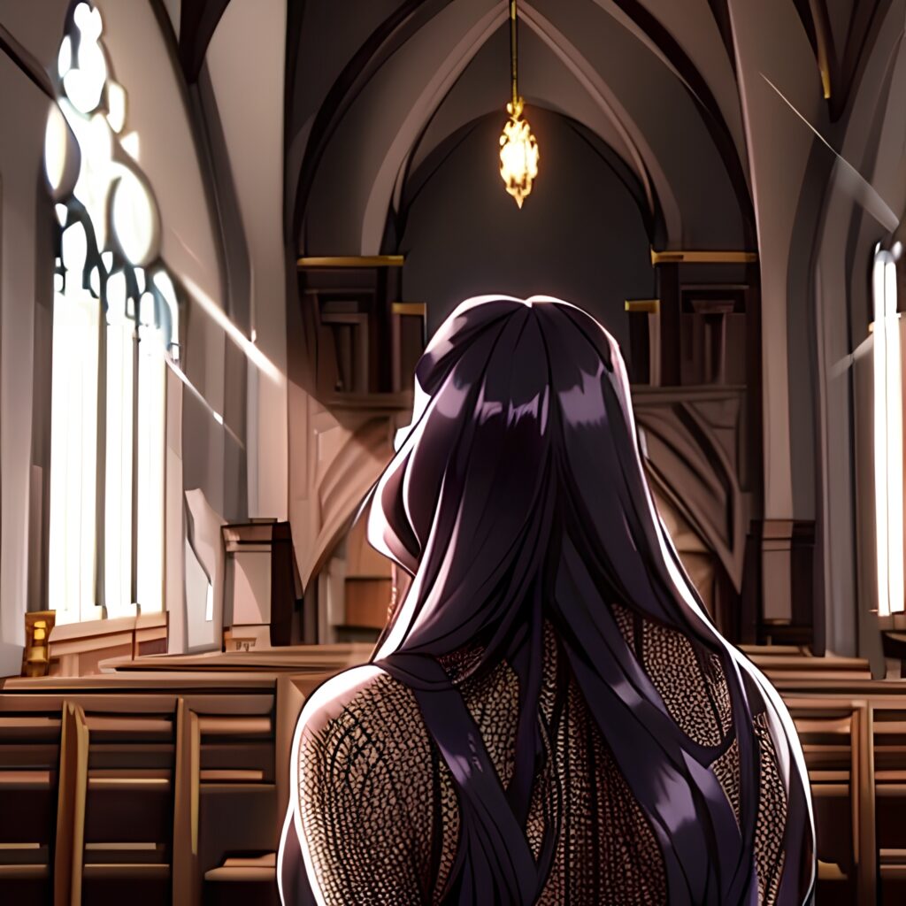 fishnet long hair brunette messy hair woman church 