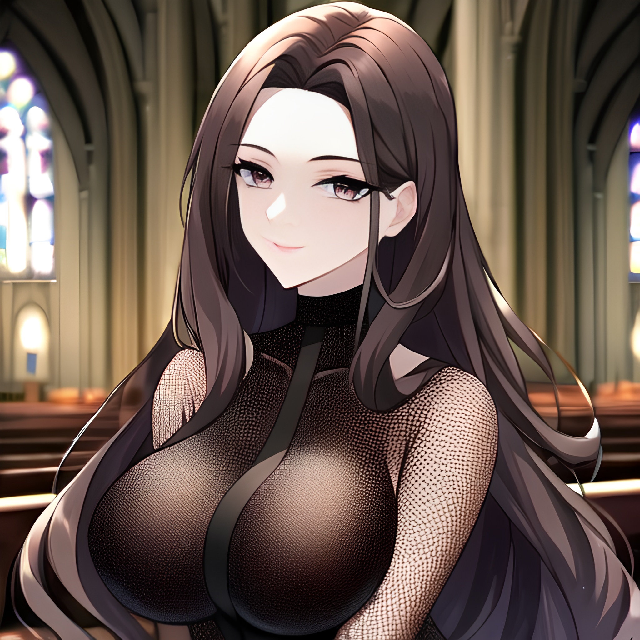 fishnet long hair brunette messy hair woman church 