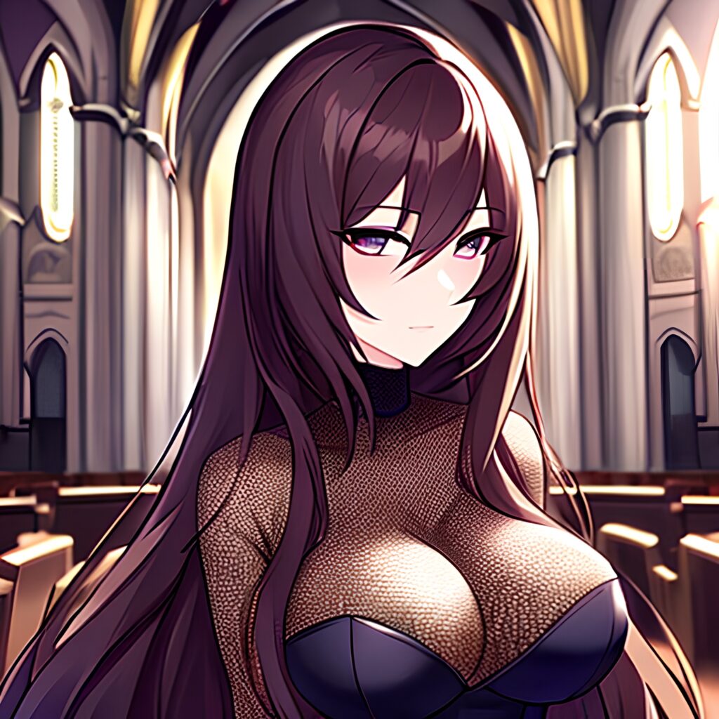 fishnet long hair brunette messy hair woman church 