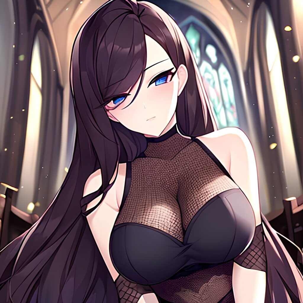 fishnet long hair brunette messy hair woman church 