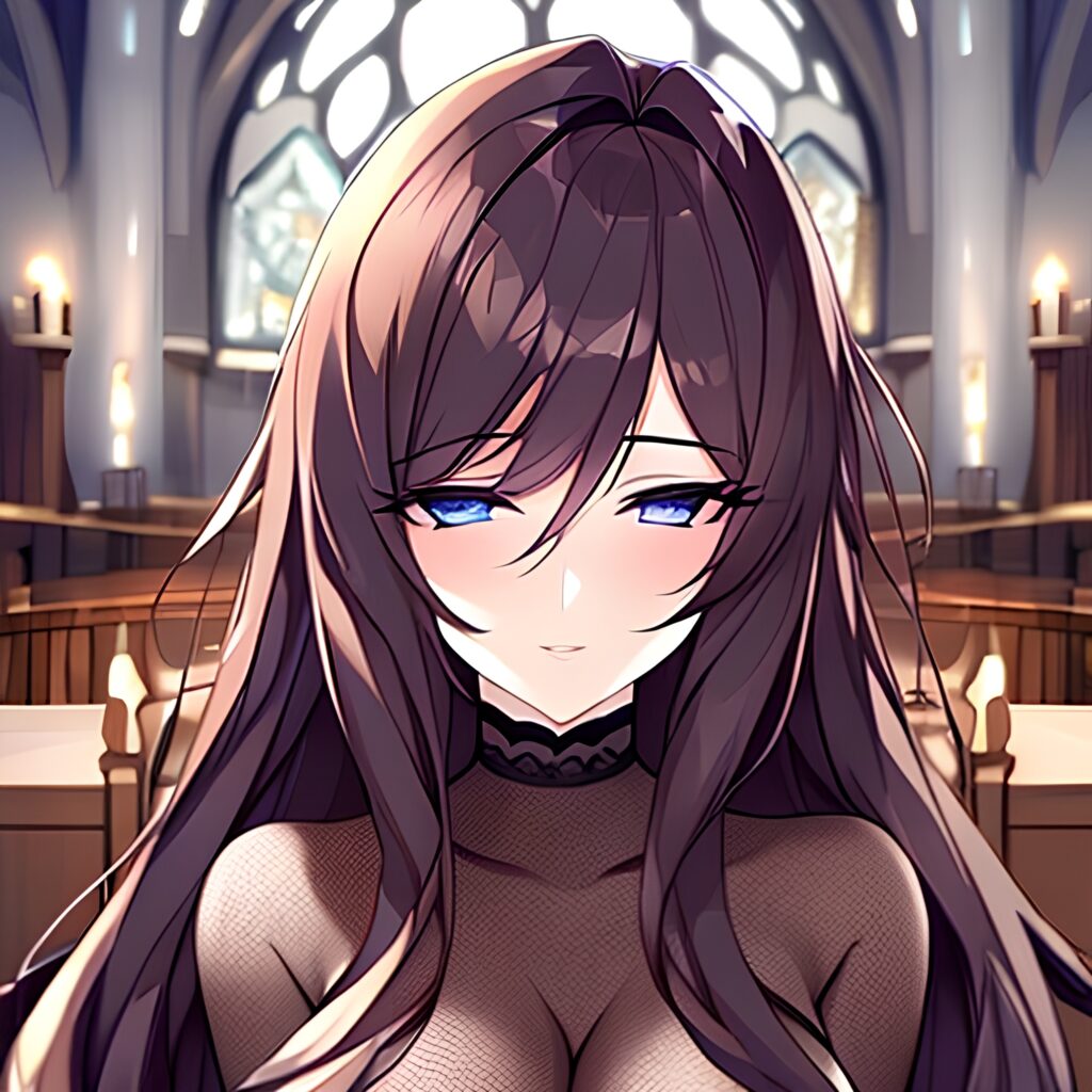 fishnet long hair brunette messy hair woman church 