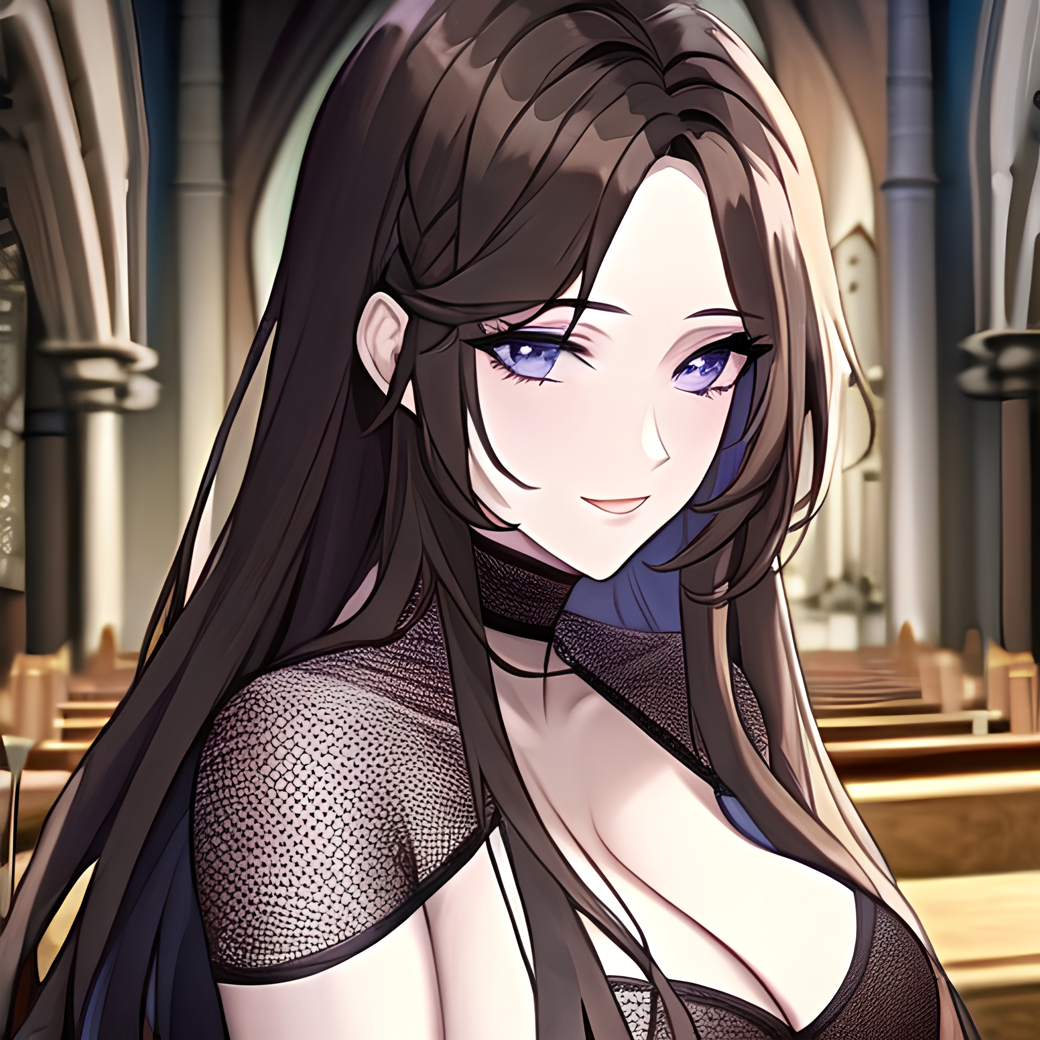 fishnet long hair brunette messy hair woman church 