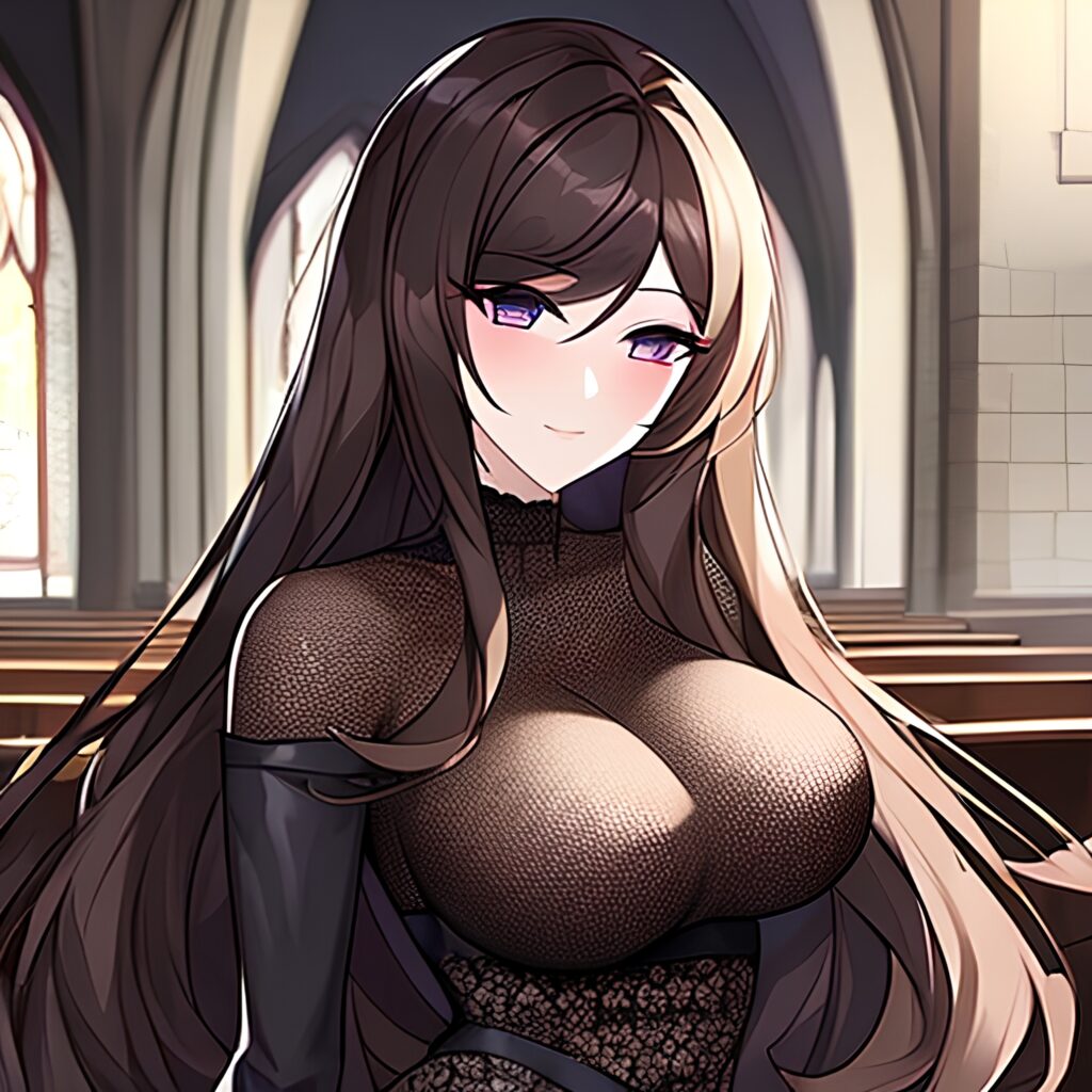 fishnet long hair brunette woman church messy hair 