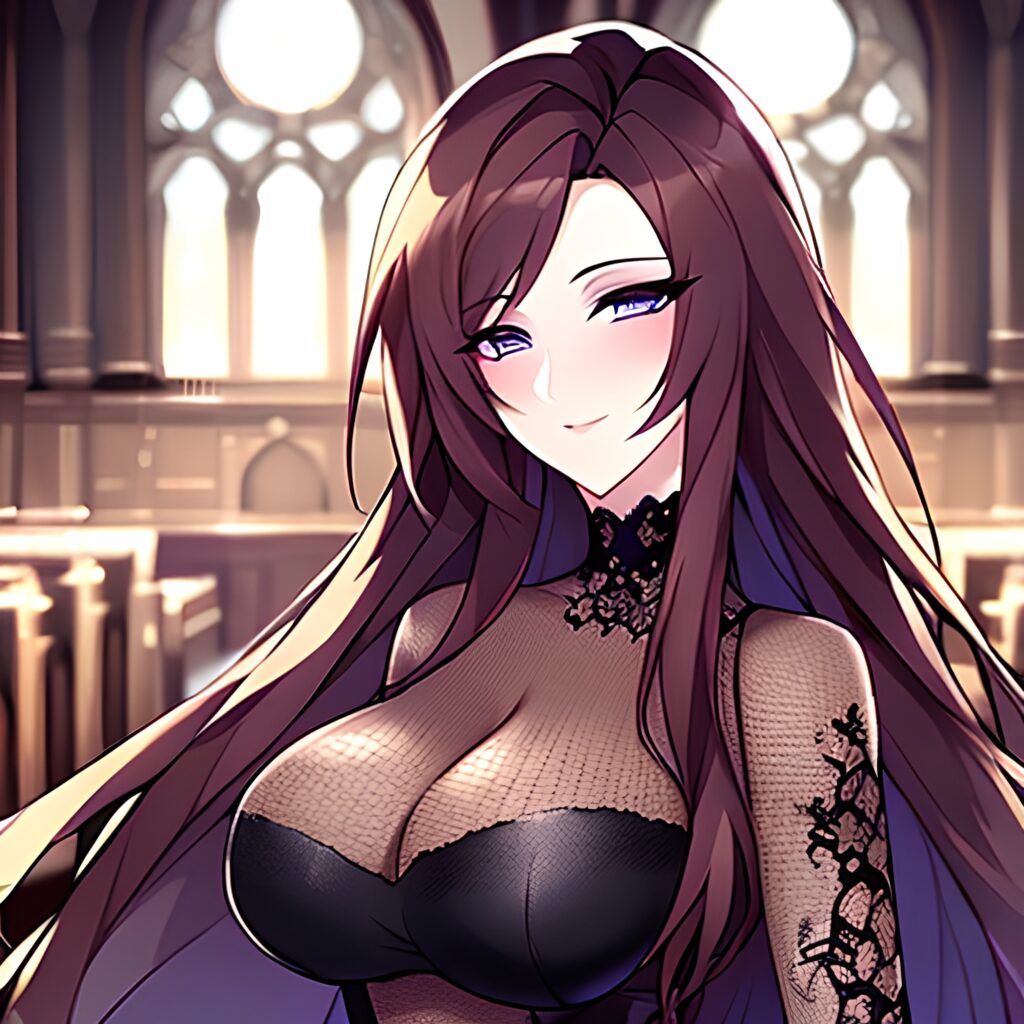 fishnet long hair brunette woman messy hair church 