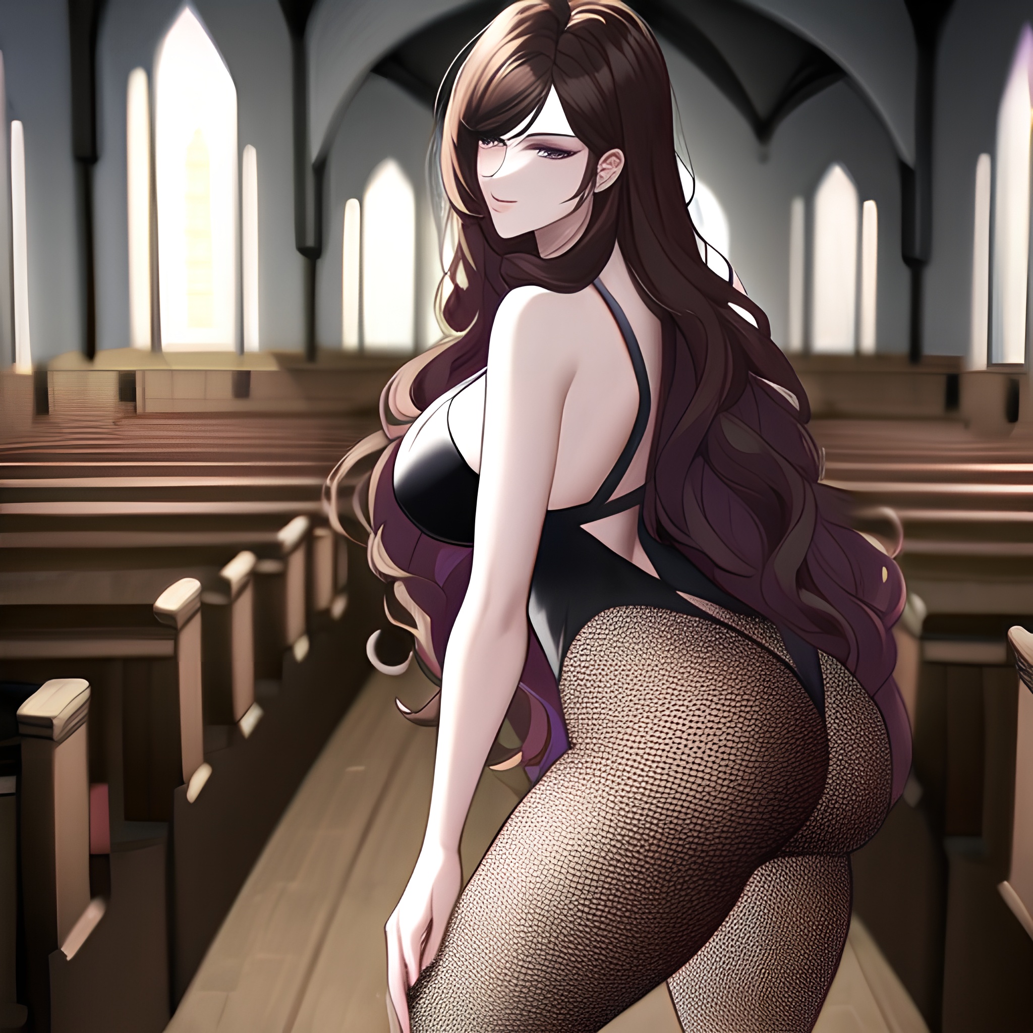 fishnet long hair brunette woman messy hair church 