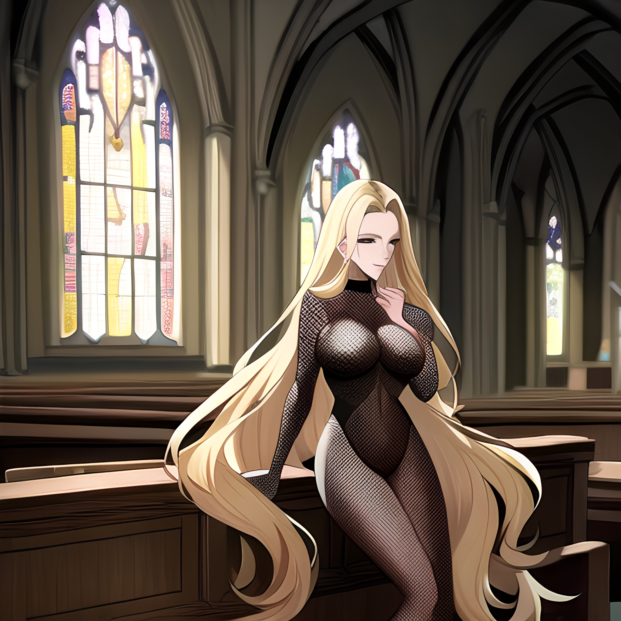 fishnet long hair church blonde woman 