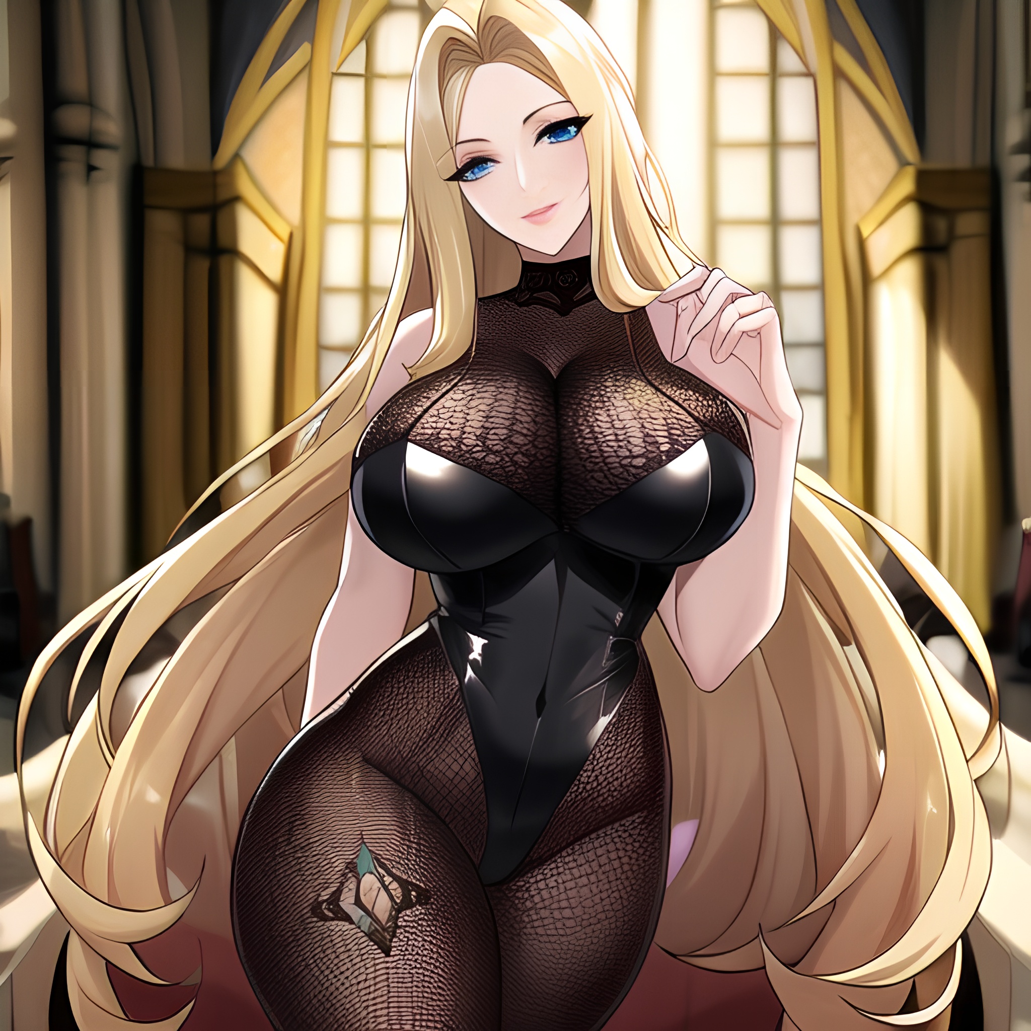 fishnet long hair church blonde woman 