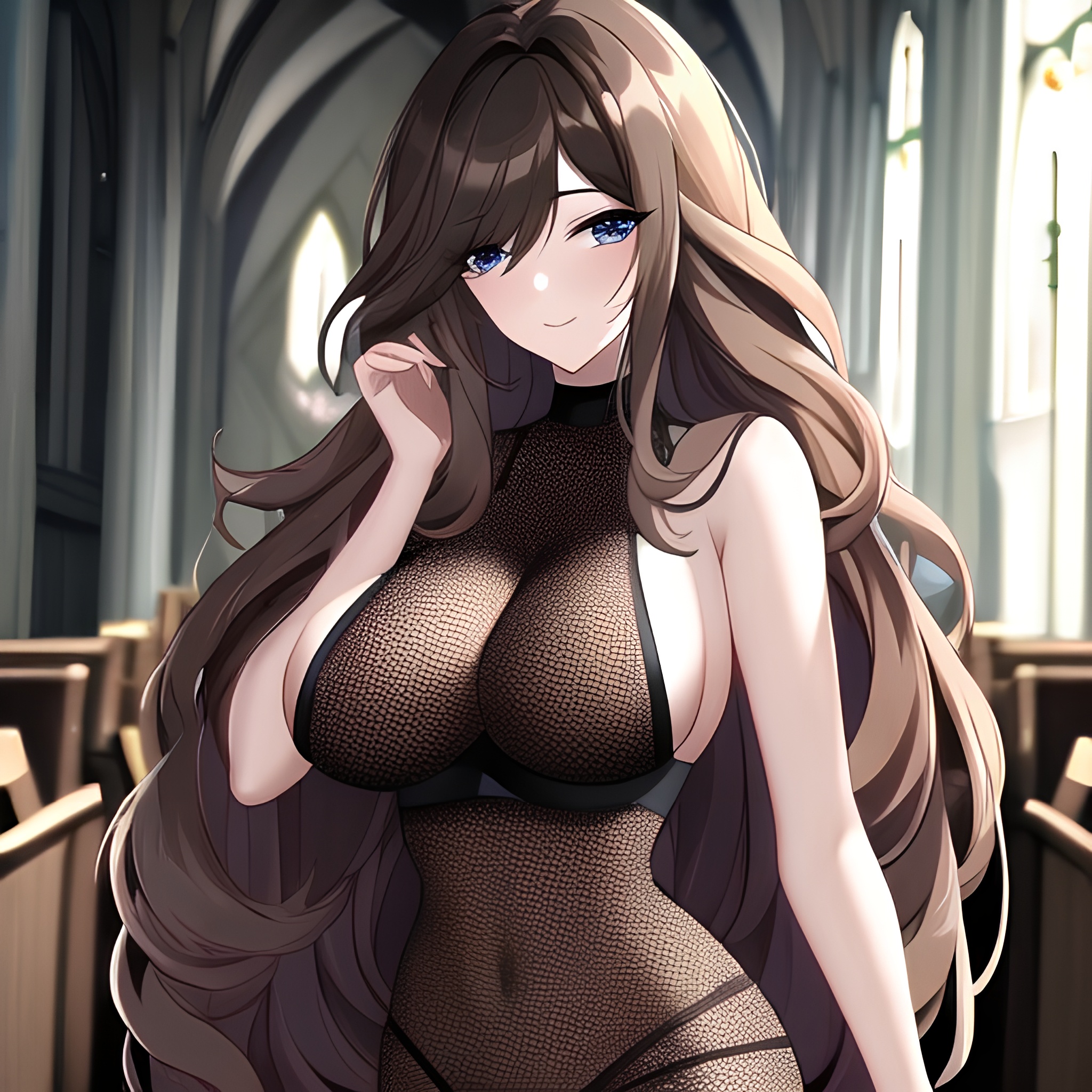 fishnet long hair church brunette messy hair woman 