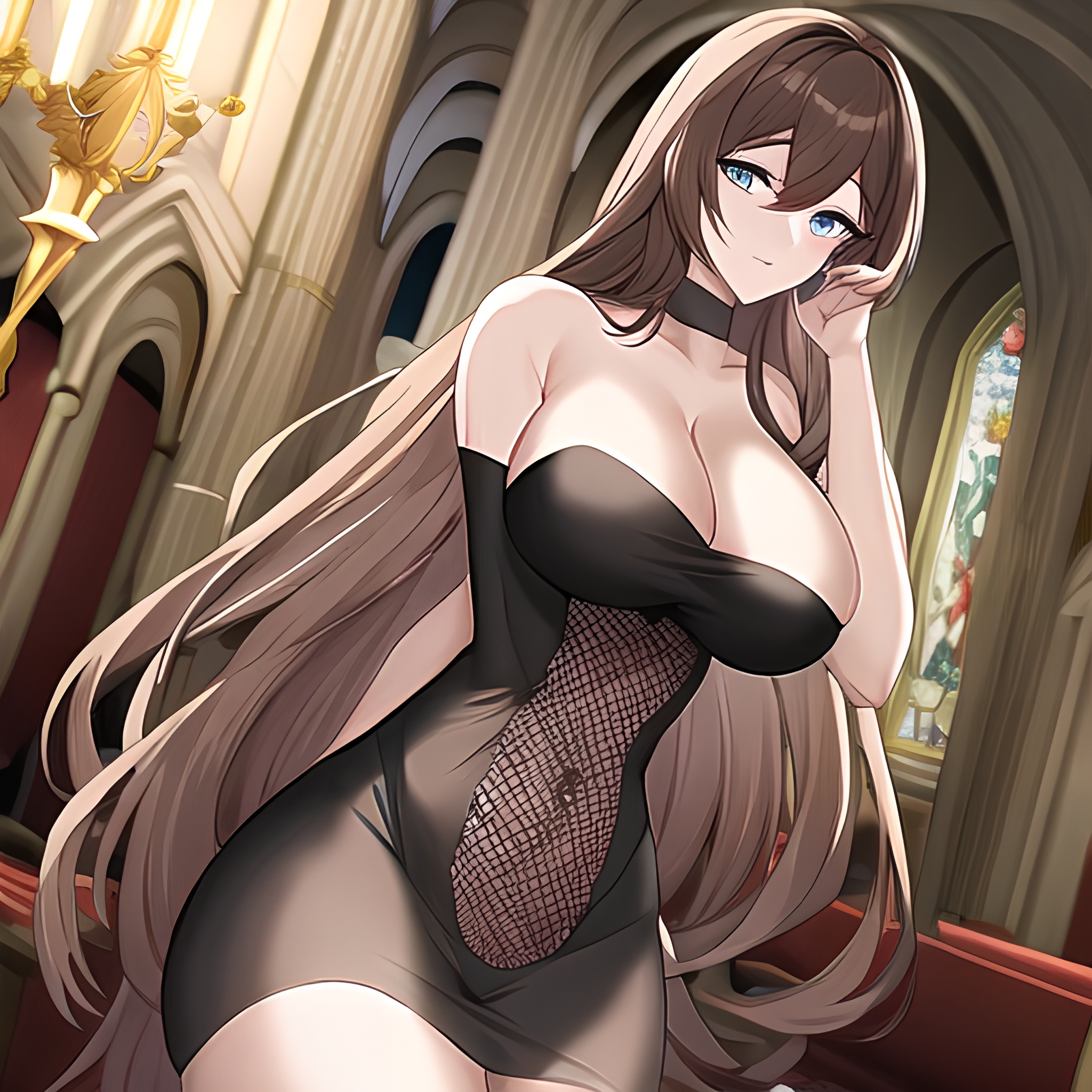fishnet long hair church brunette woman messy hair 