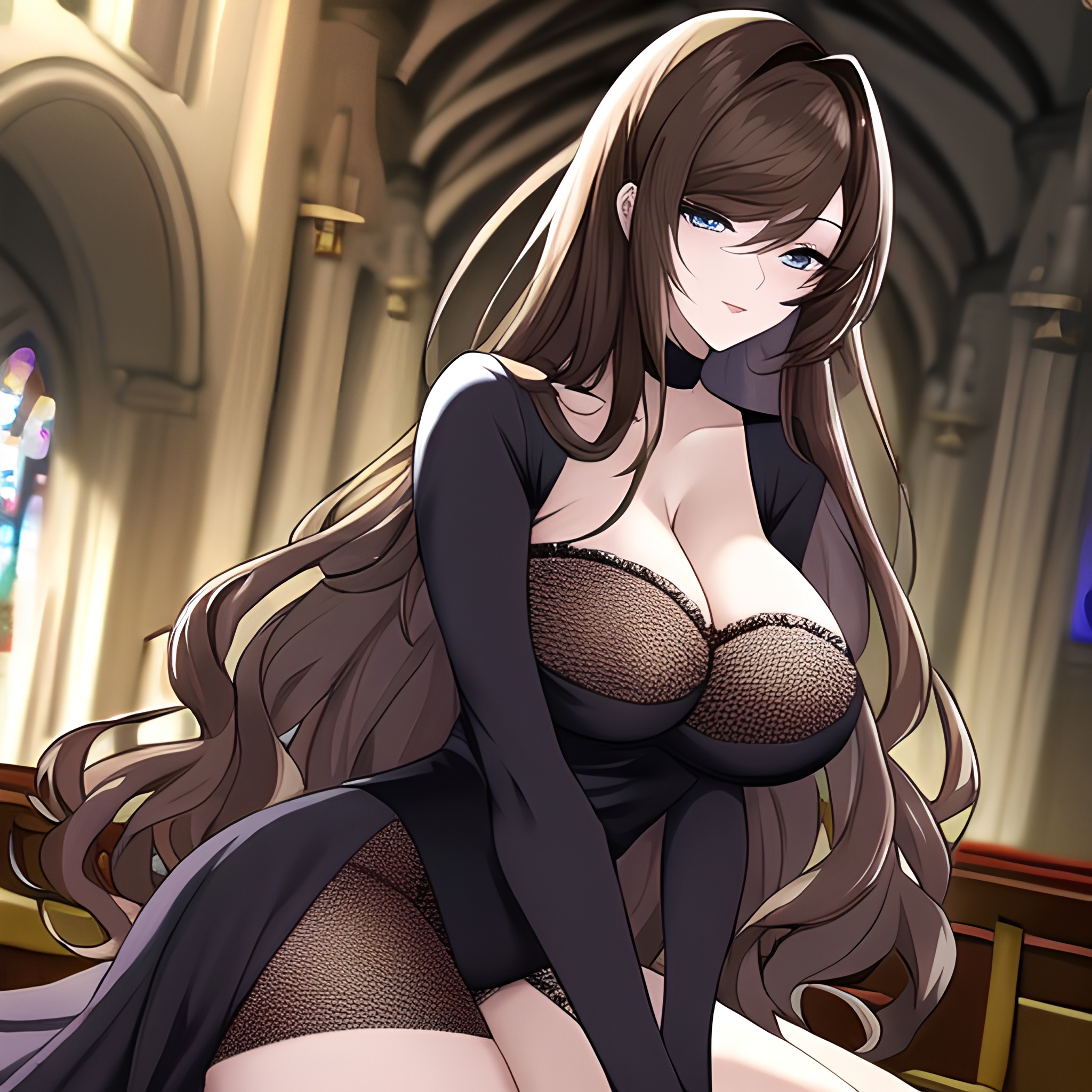 fishnet long hair church messy hair brunette woman 