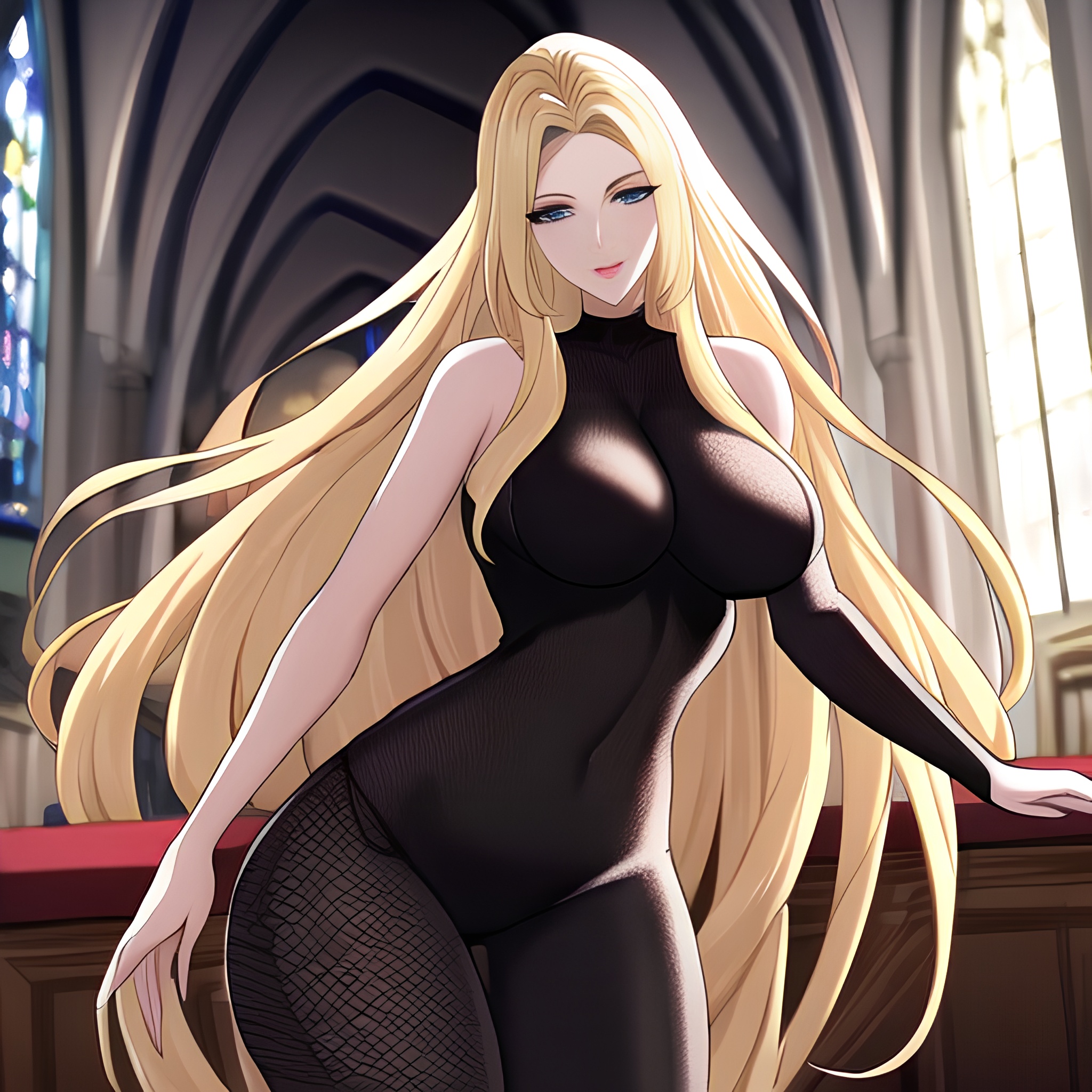 fishnet long hair church woman blonde 
