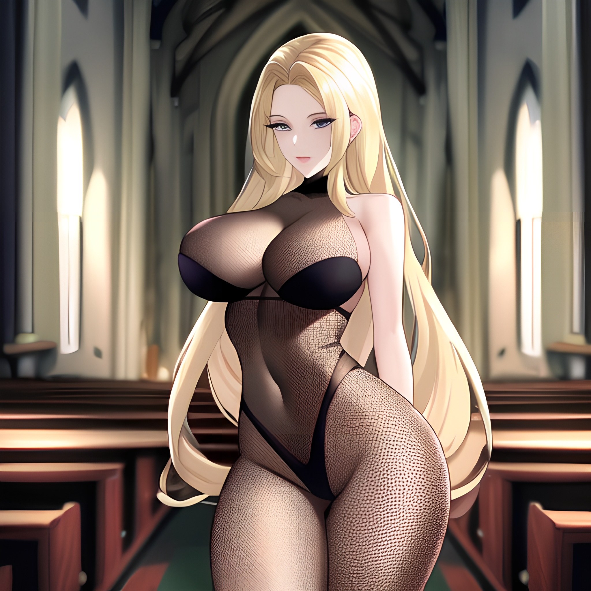 fishnet long hair church woman blonde 