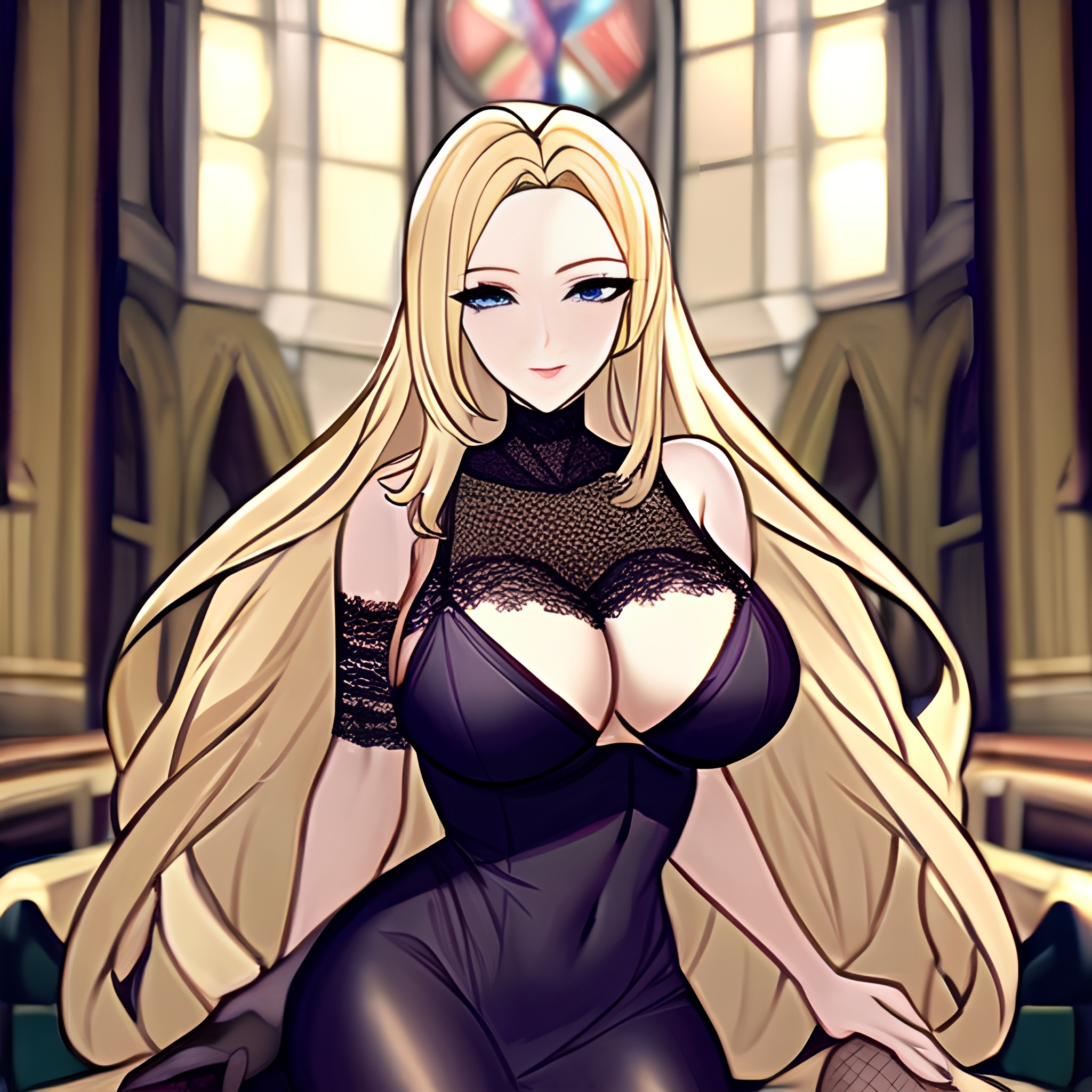 fishnet long hair church woman blonde
