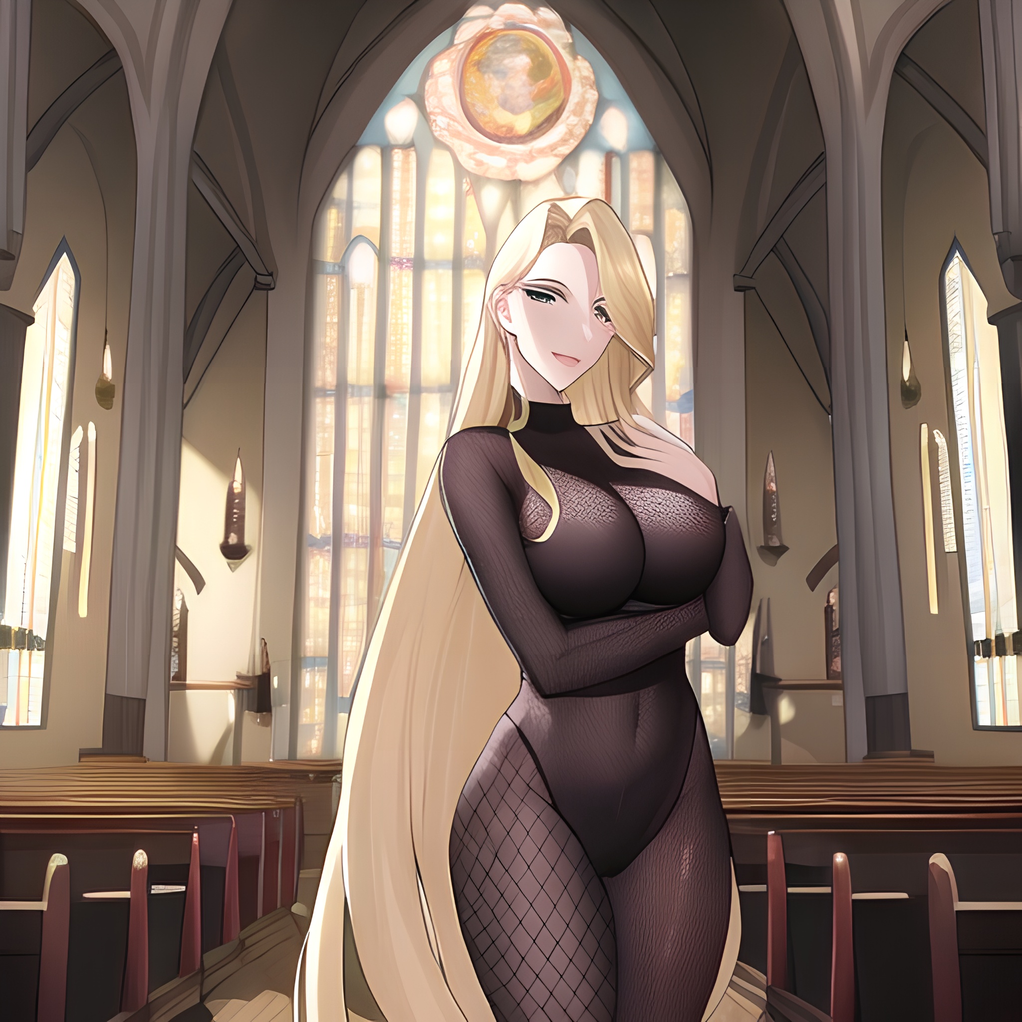 fishnet long hair church woman blonde 