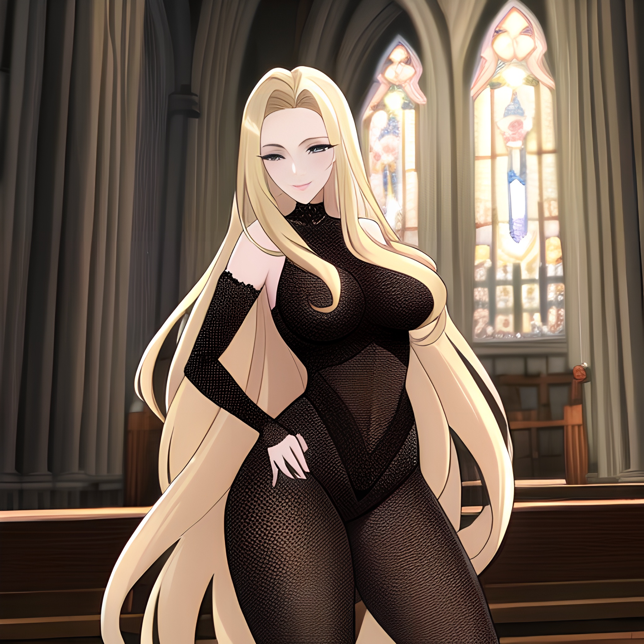 fishnet long hair church woman blonde 