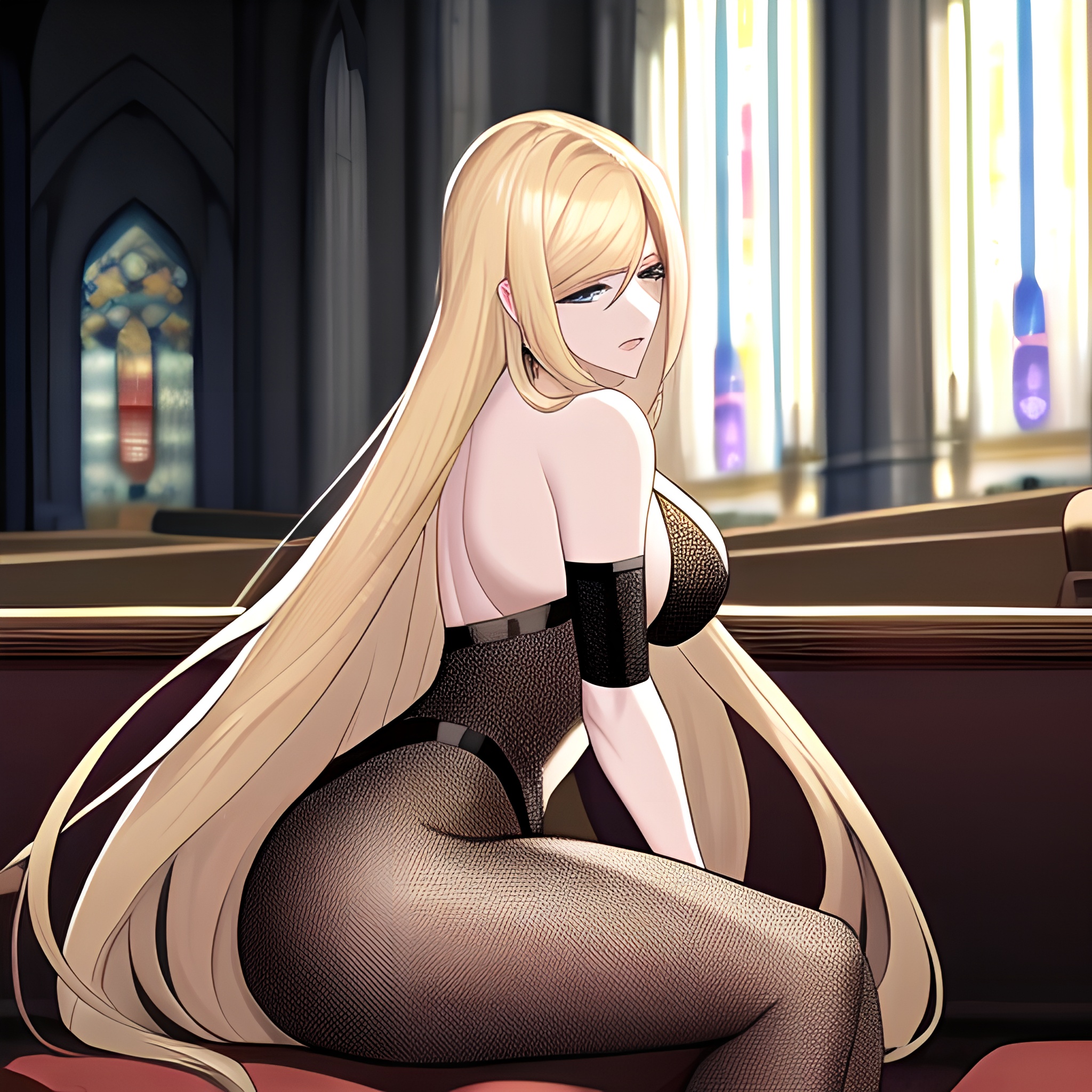 fishnet long hair church woman blonde
