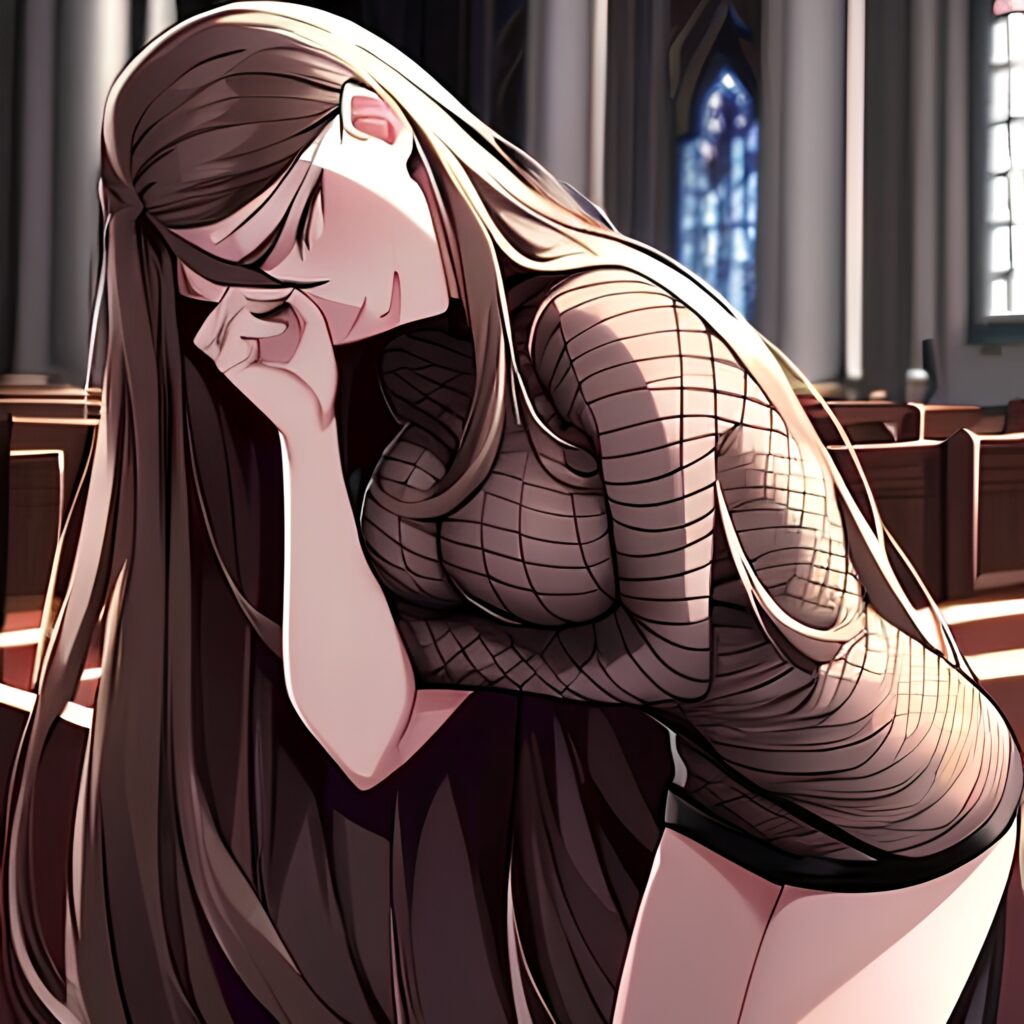 fishnet long hair church woman brunette messy hair 