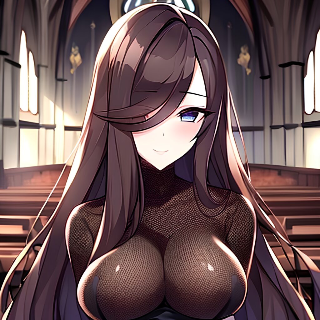 fishnet long hair church woman brunette messy hair 