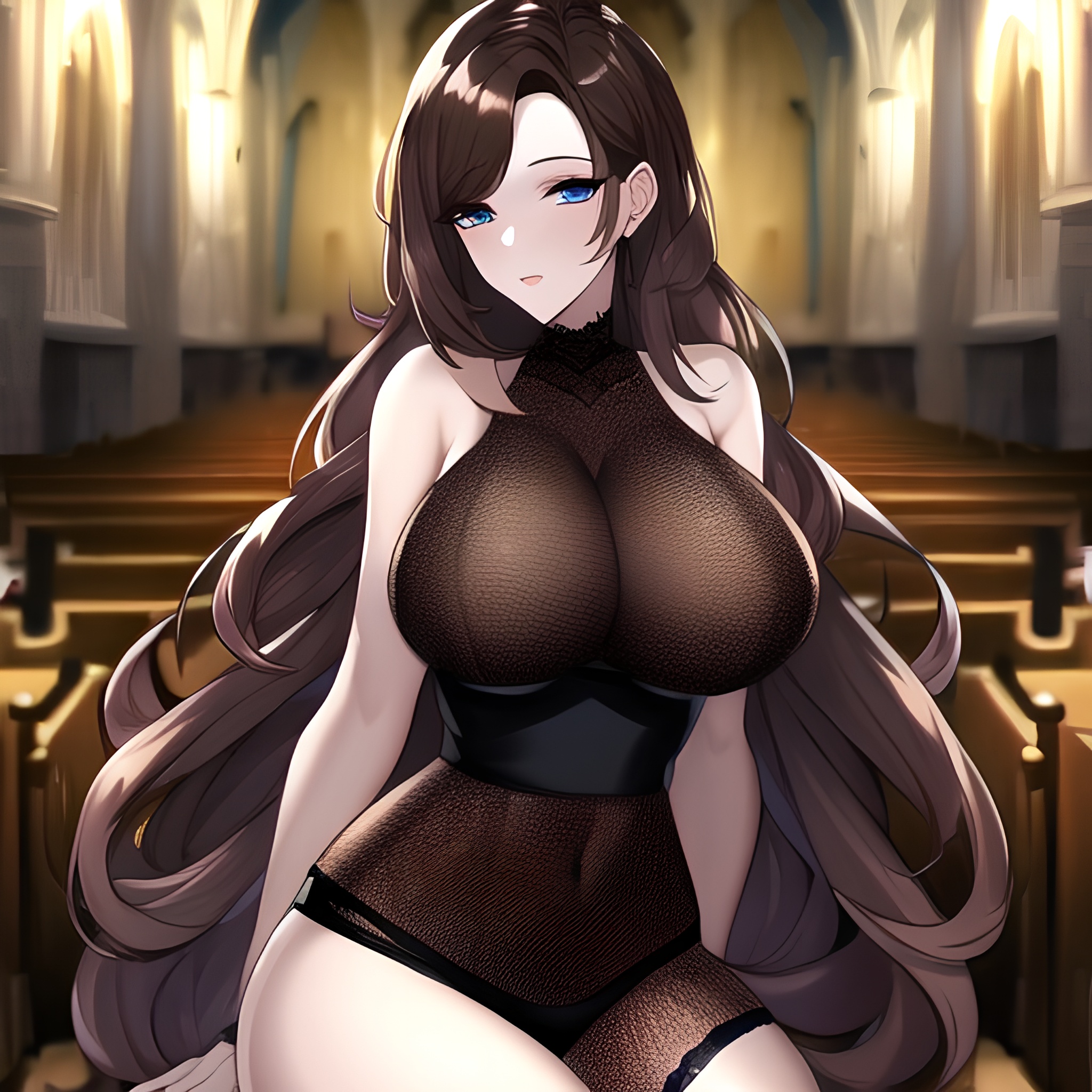 fishnet long hair church woman brunette messy hair 