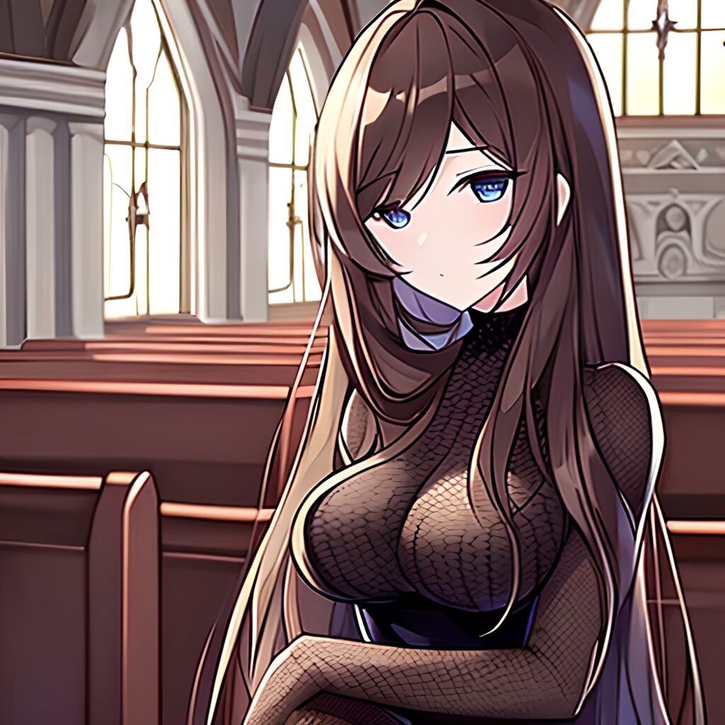 fishnet long hair church woman brunette messy hair 