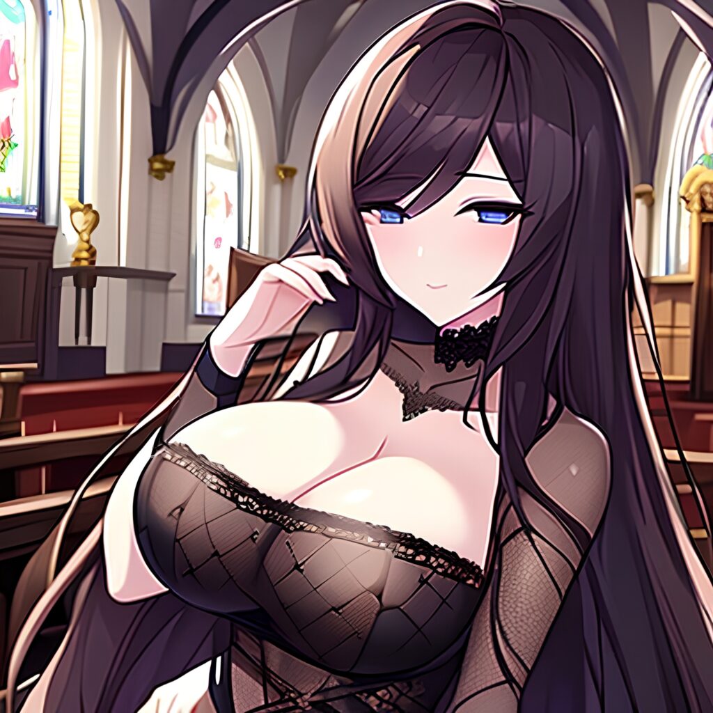 fishnet long hair church woman messy hair brunette 