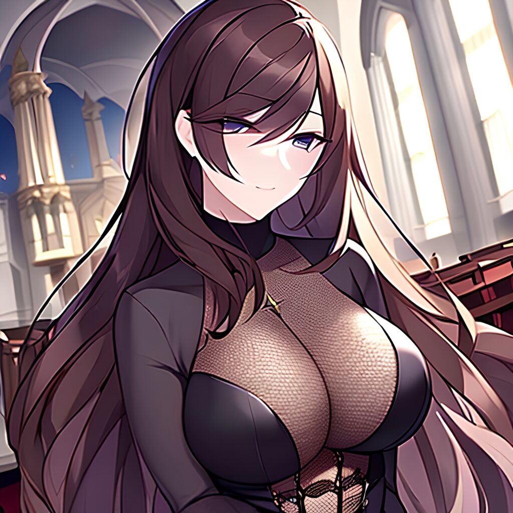 fishnet long hair church woman messy hair brunette 