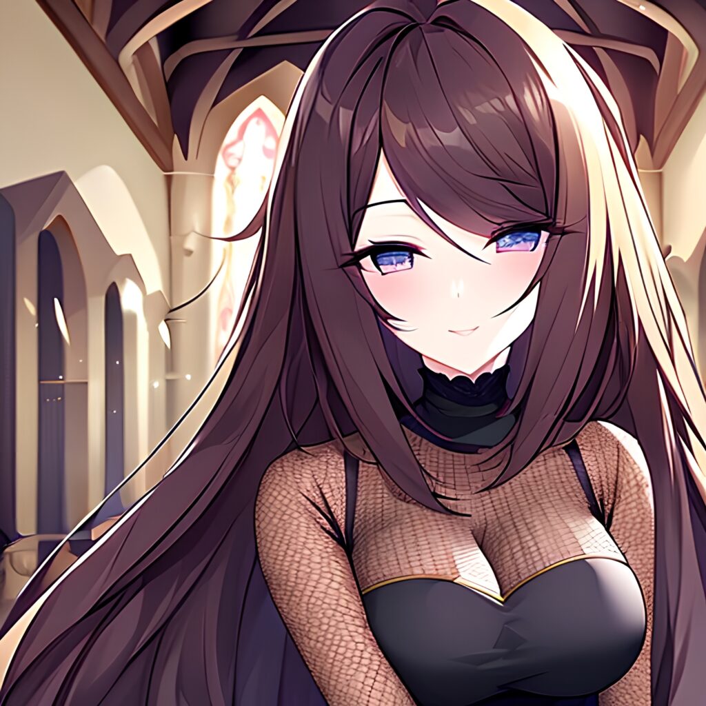 fishnet long hair church woman messy hair brunette 