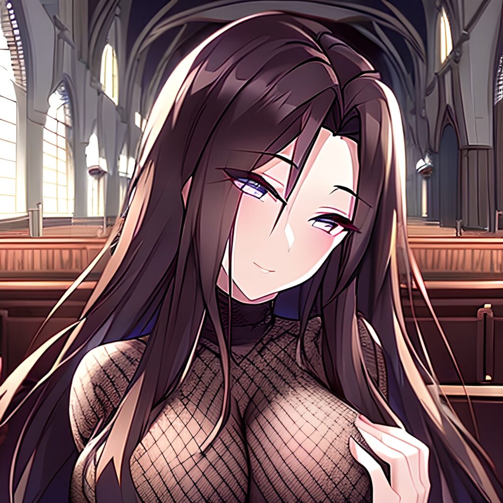 fishnet long hair church woman messy hair brunette 