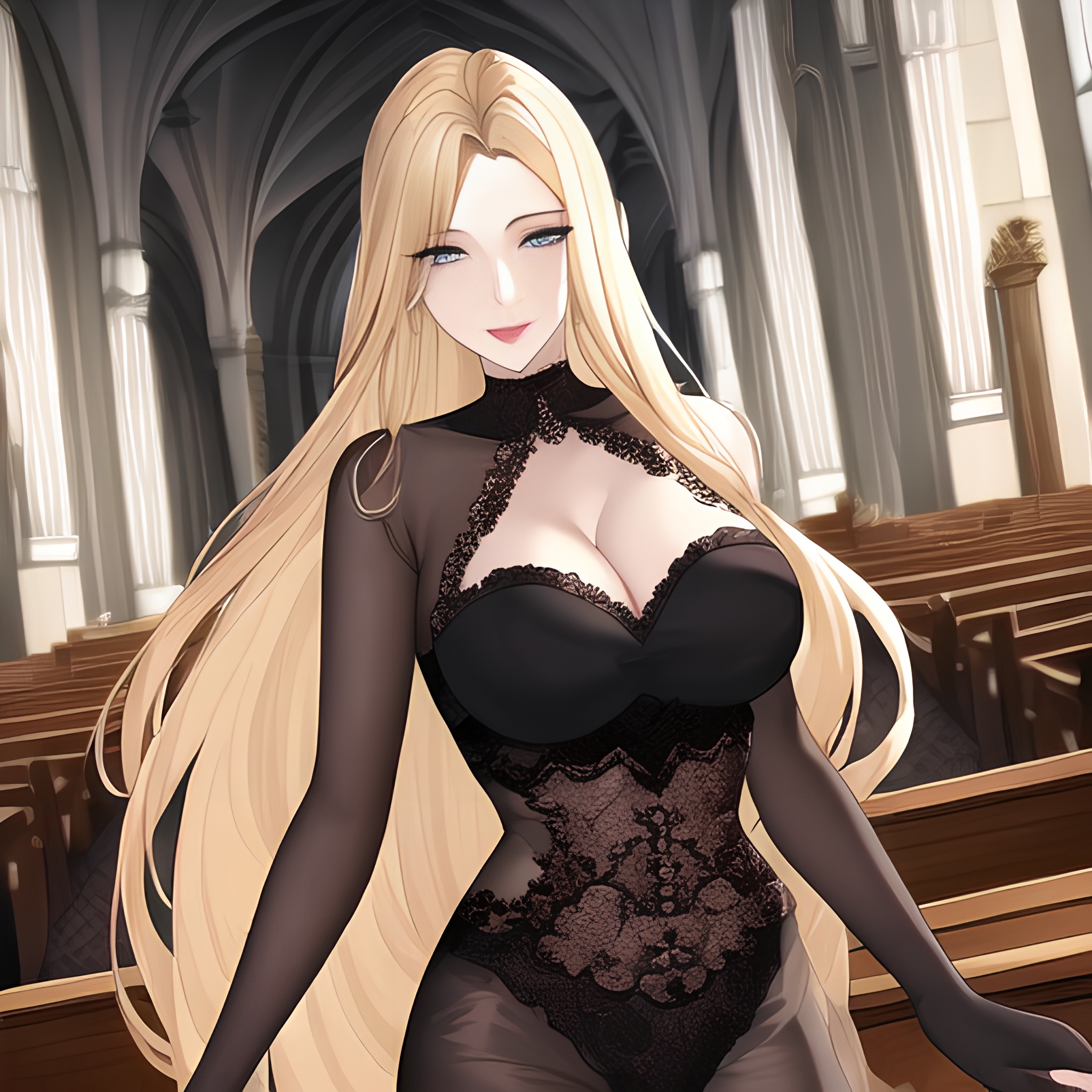 fishnet long hair front view church blonde nude woman small boobs 