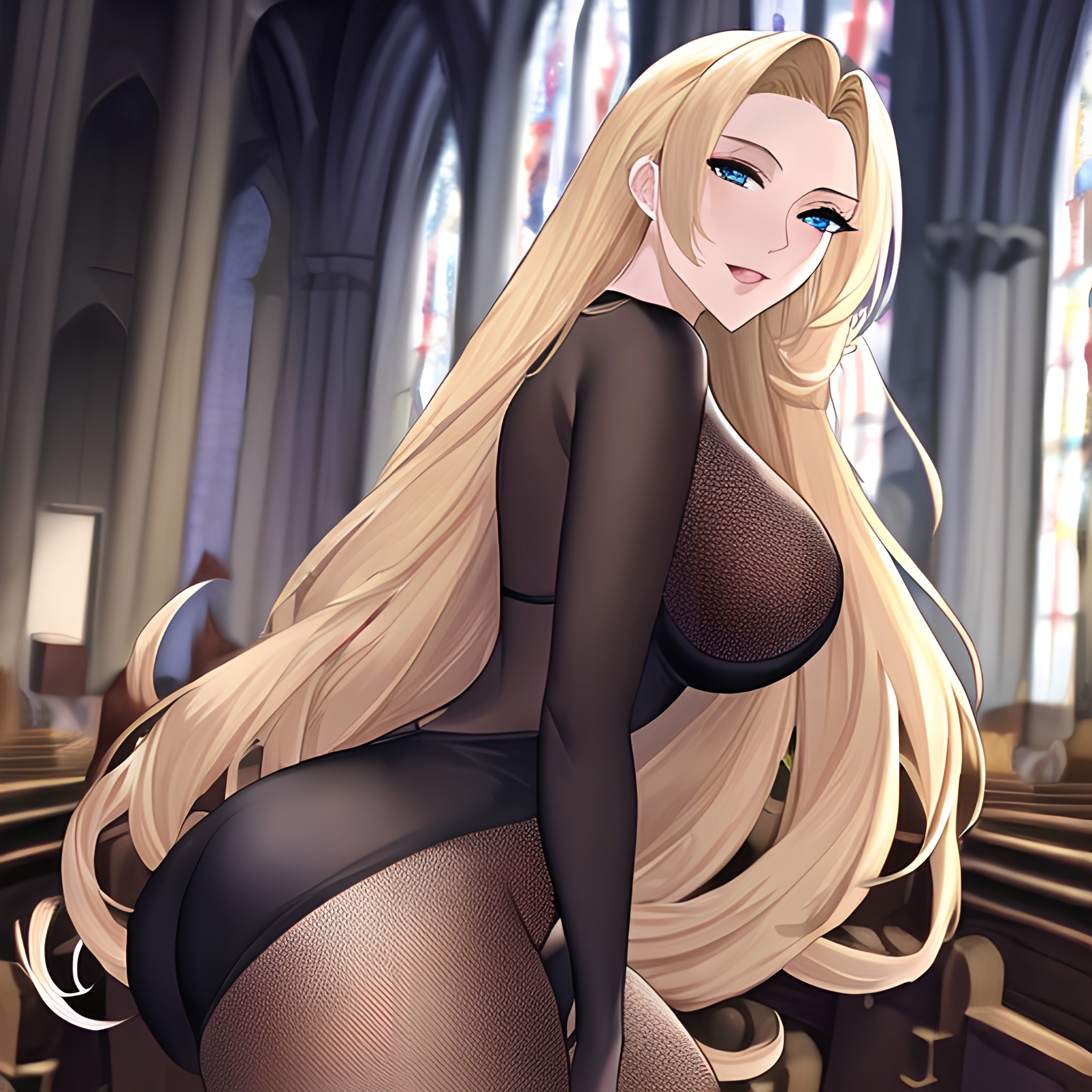 fishnet long hair front view nude blonde woman church small boobs 