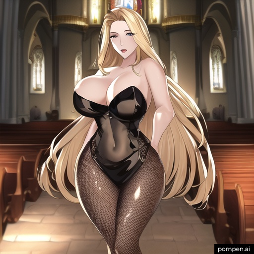 fishnet long hair front view nude church small boobs blonde woman 