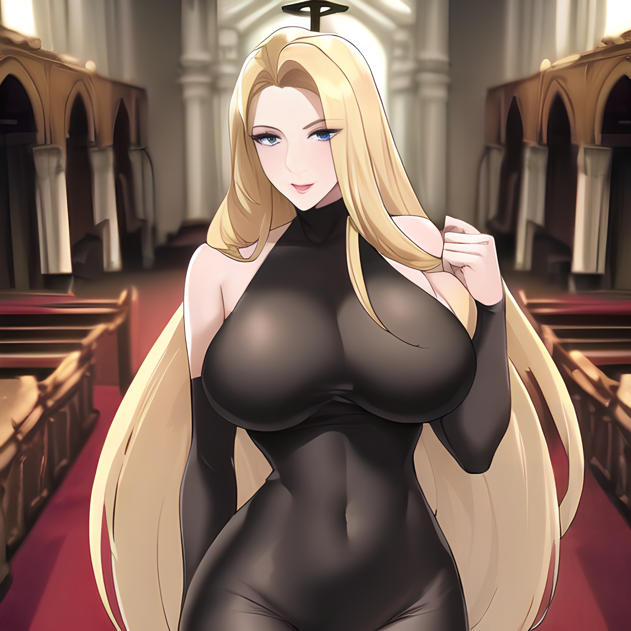 fishnet long hair front view small boobs blonde nude church woman 
