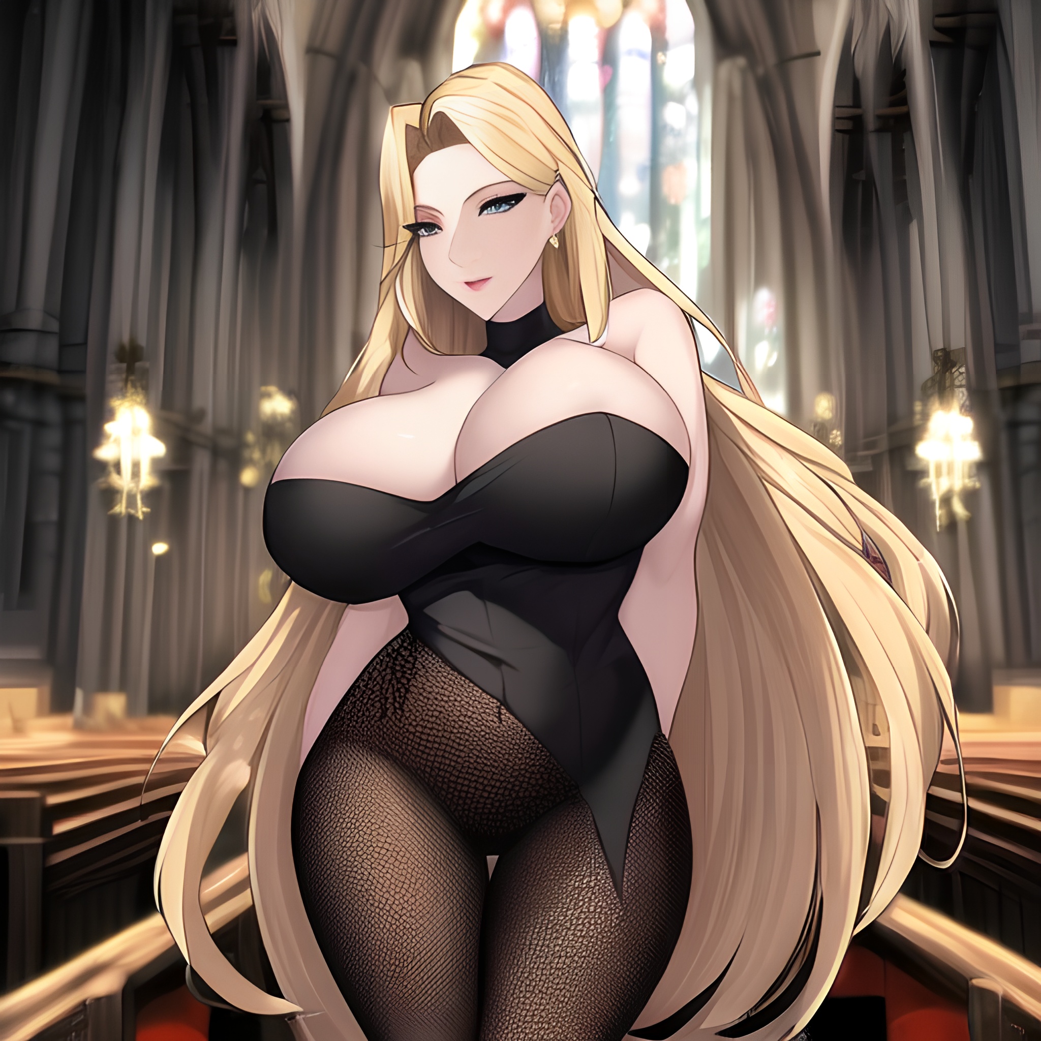 fishnet long hair front view small boobs blonde woman church nude 