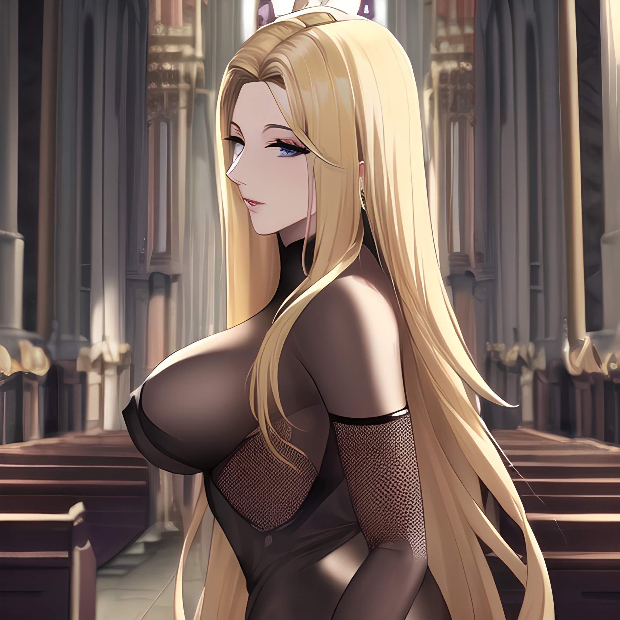 fishnet long hair front view small boobs nude woman blonde church 