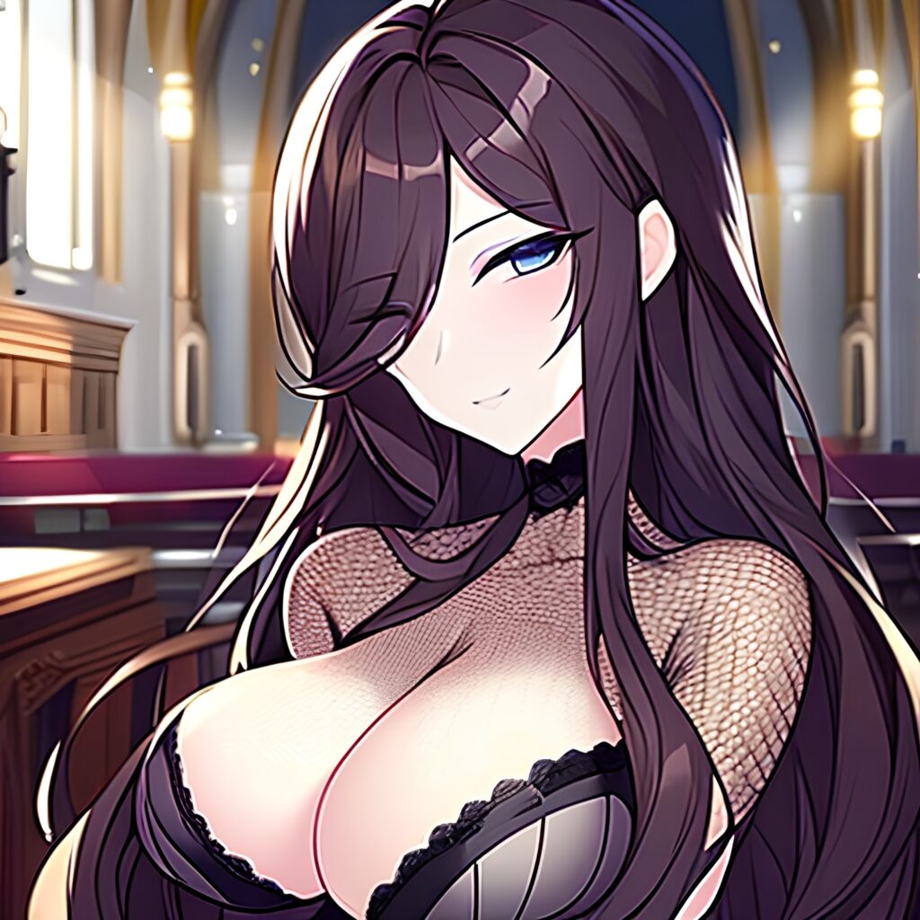 fishnet long hair messy hair brunette church woman 