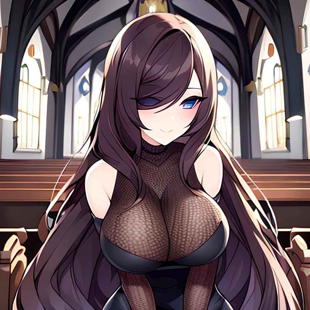 fishnet long hair messy hair brunette church woman 
