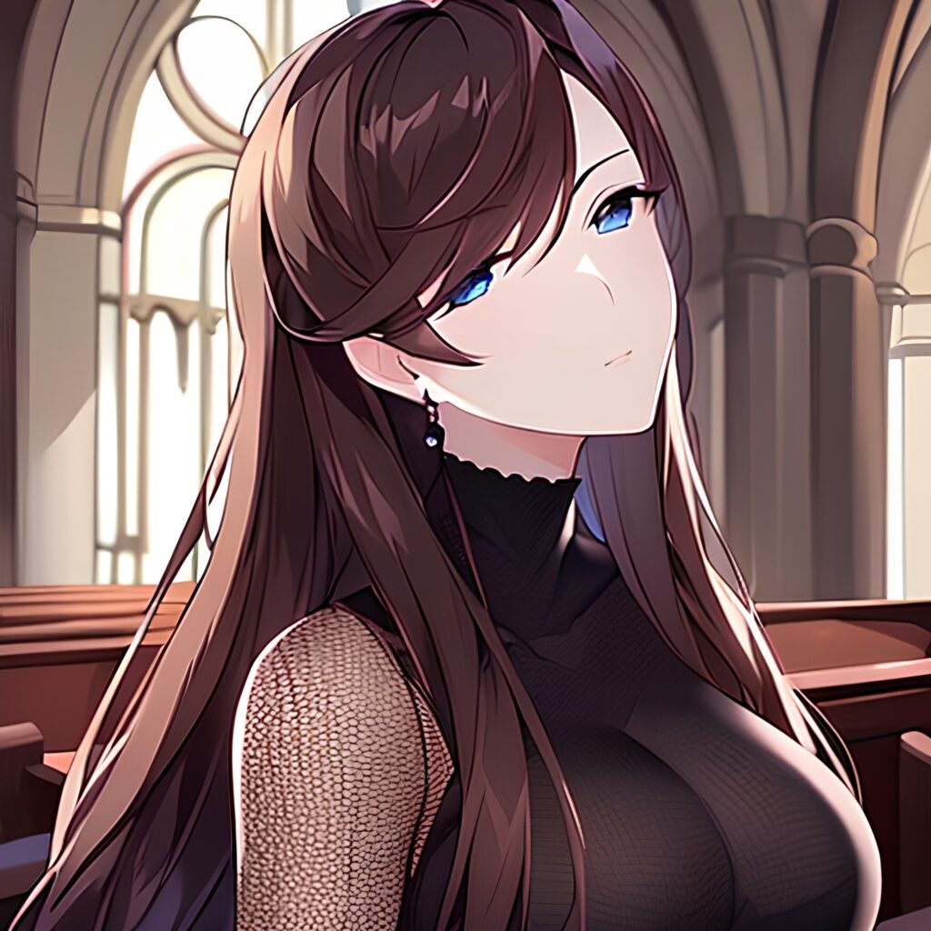 fishnet long hair messy hair brunette church woman 