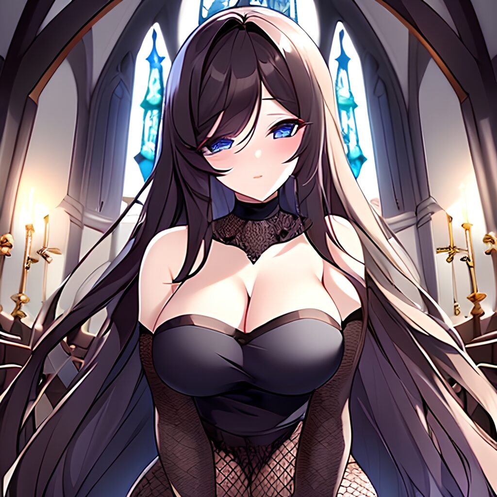 fishnet long hair messy hair brunette church woman 