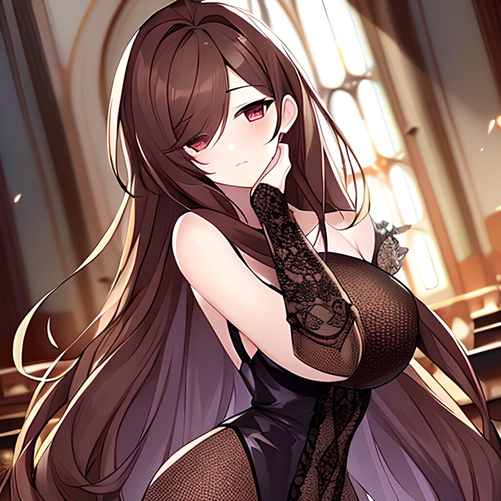 fishnet long hair messy hair brunette church woman 